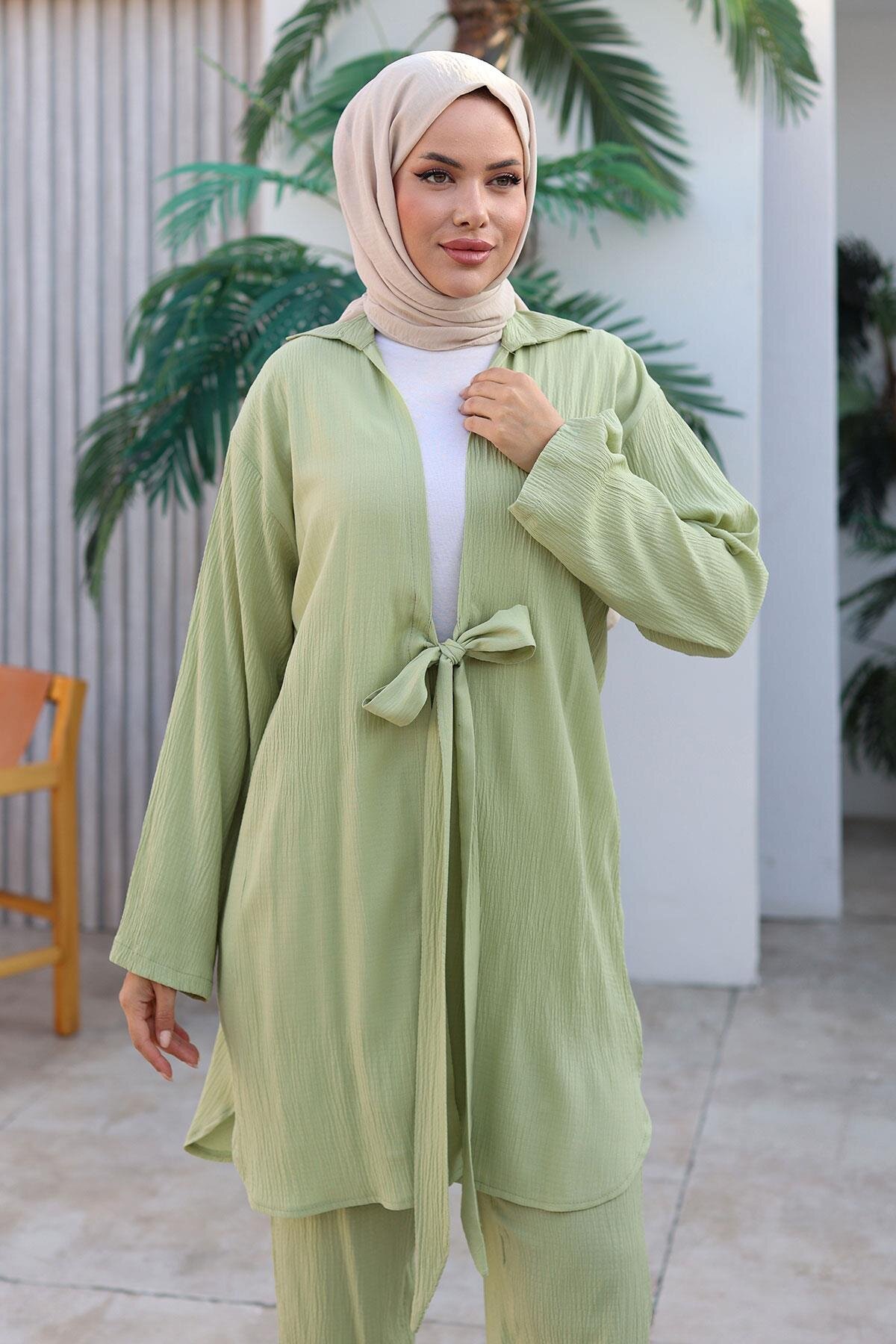 Kimono Tie-Detail Modest Set - Mint Green - Misskayle