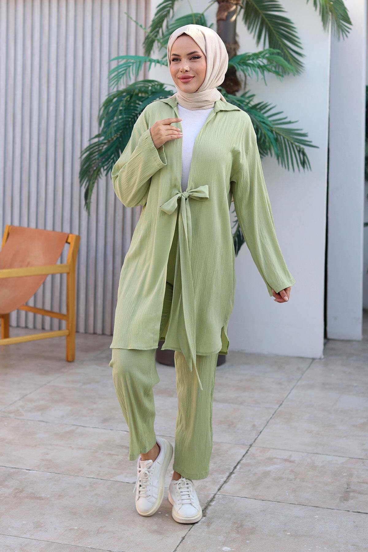 Kimono Tie-Detail Modest Set - Mint Green - Misskayle