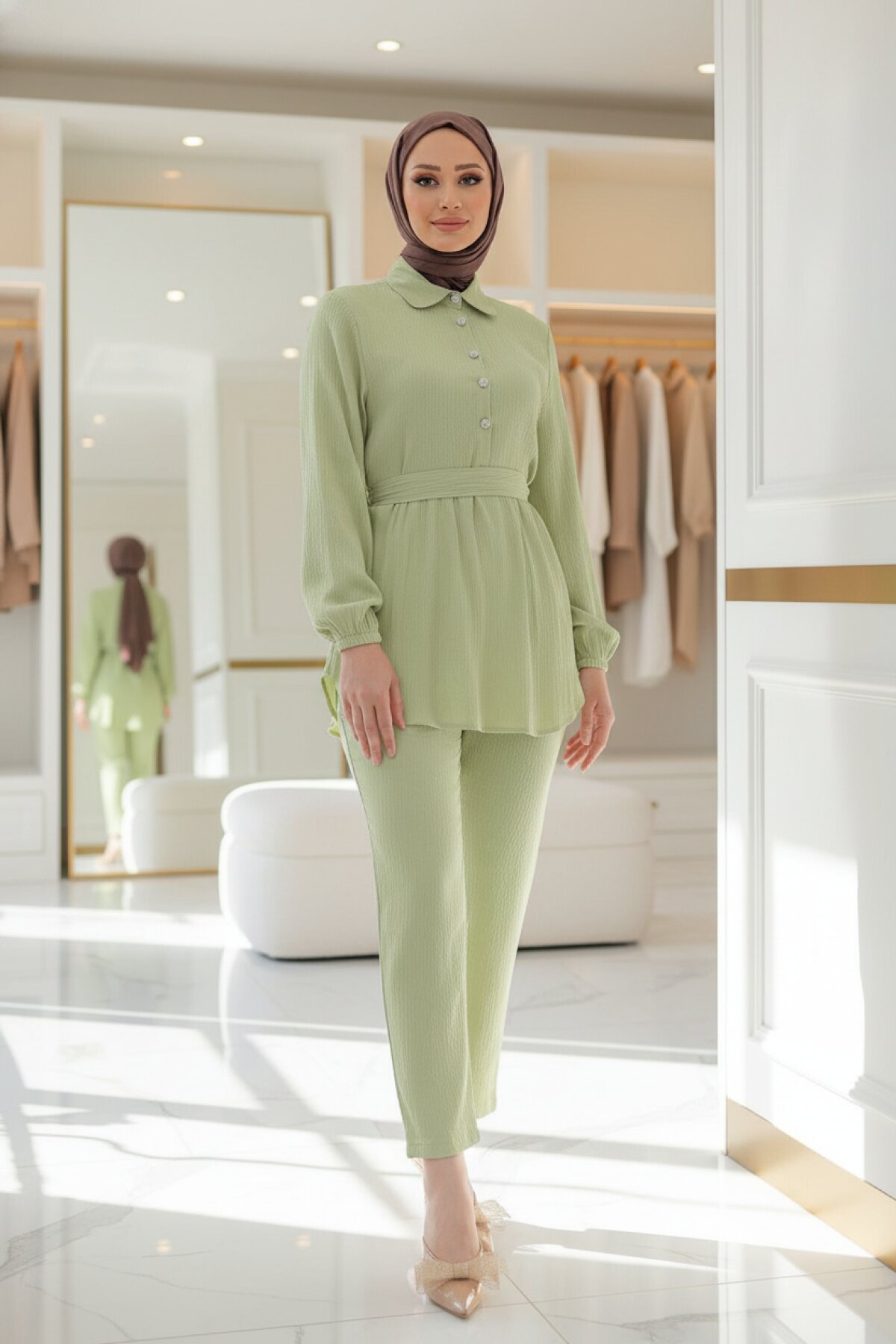 Stone Button Detail Modest Set - Mint Green - Misskayle