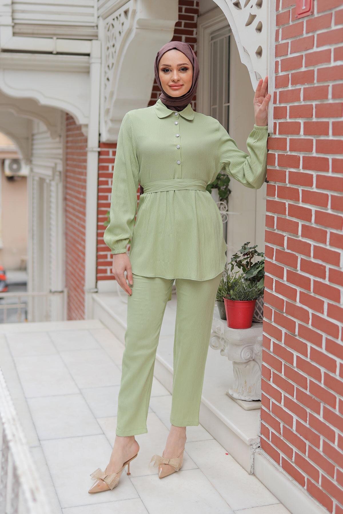 Stone Button Detail Modest Set - Mint Green - Misskayle