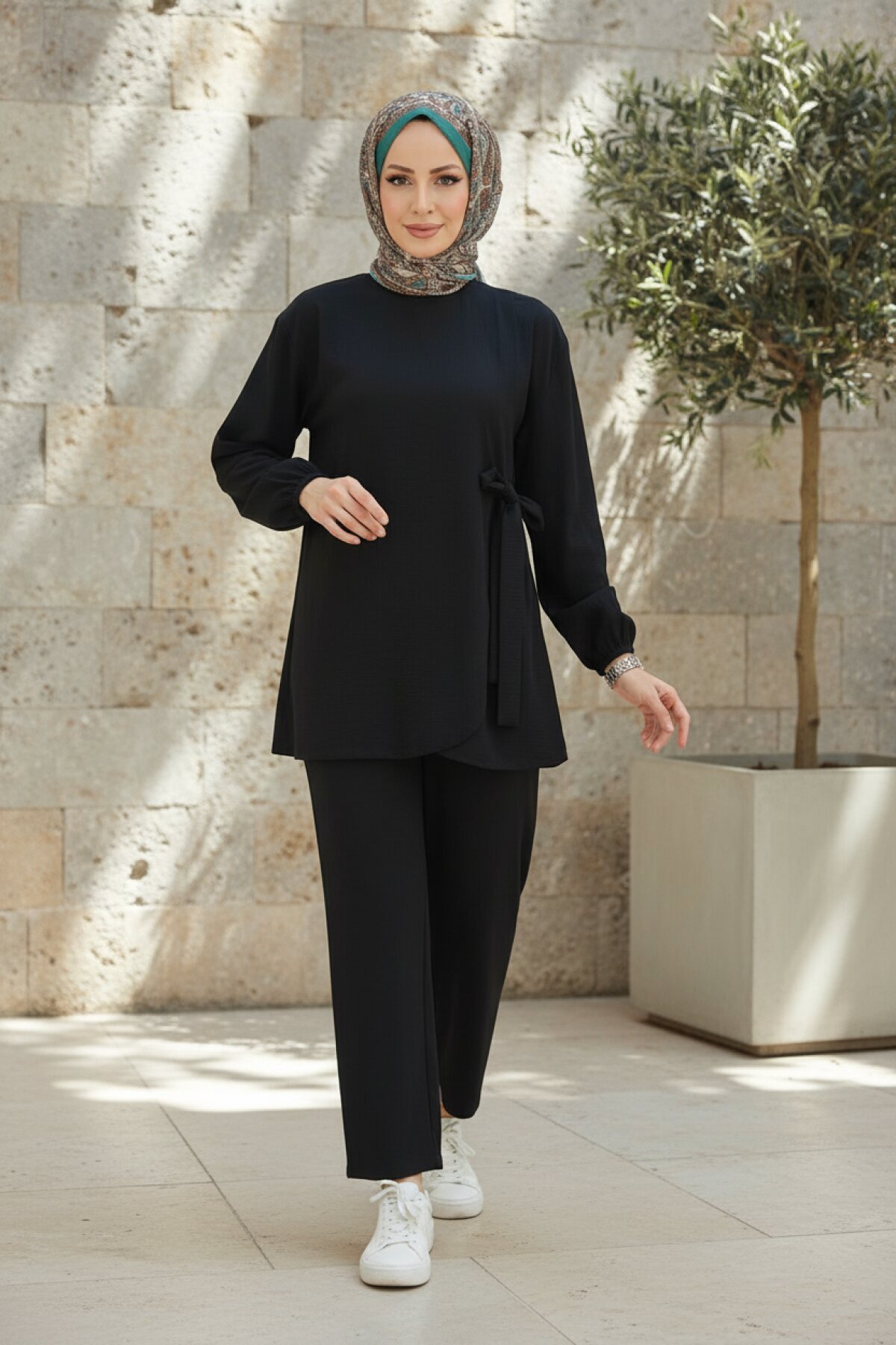 Two-Piece Tie-Detail Modest Set - Black - Misskayle