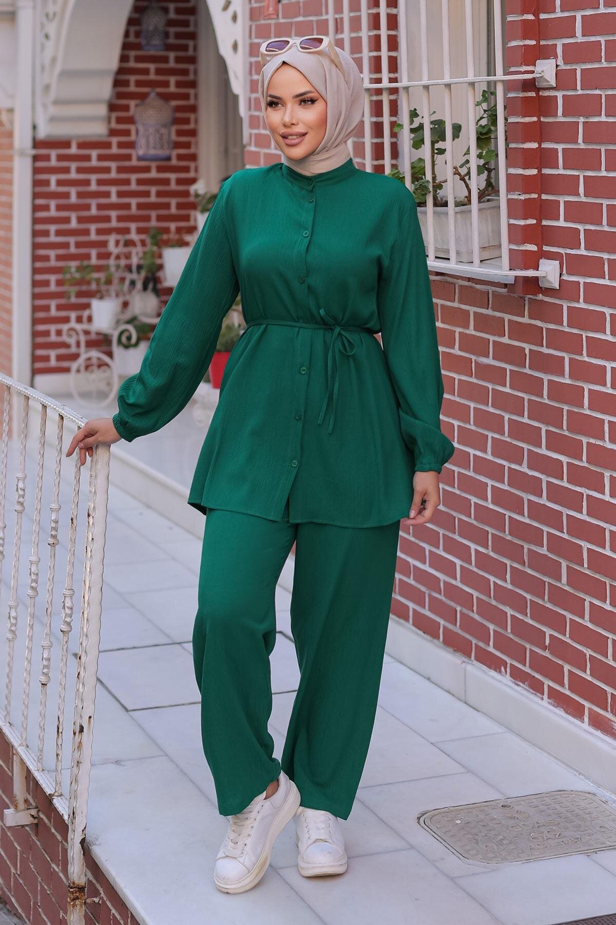 Mandarin Collar Modest Set - Green - Misskayle