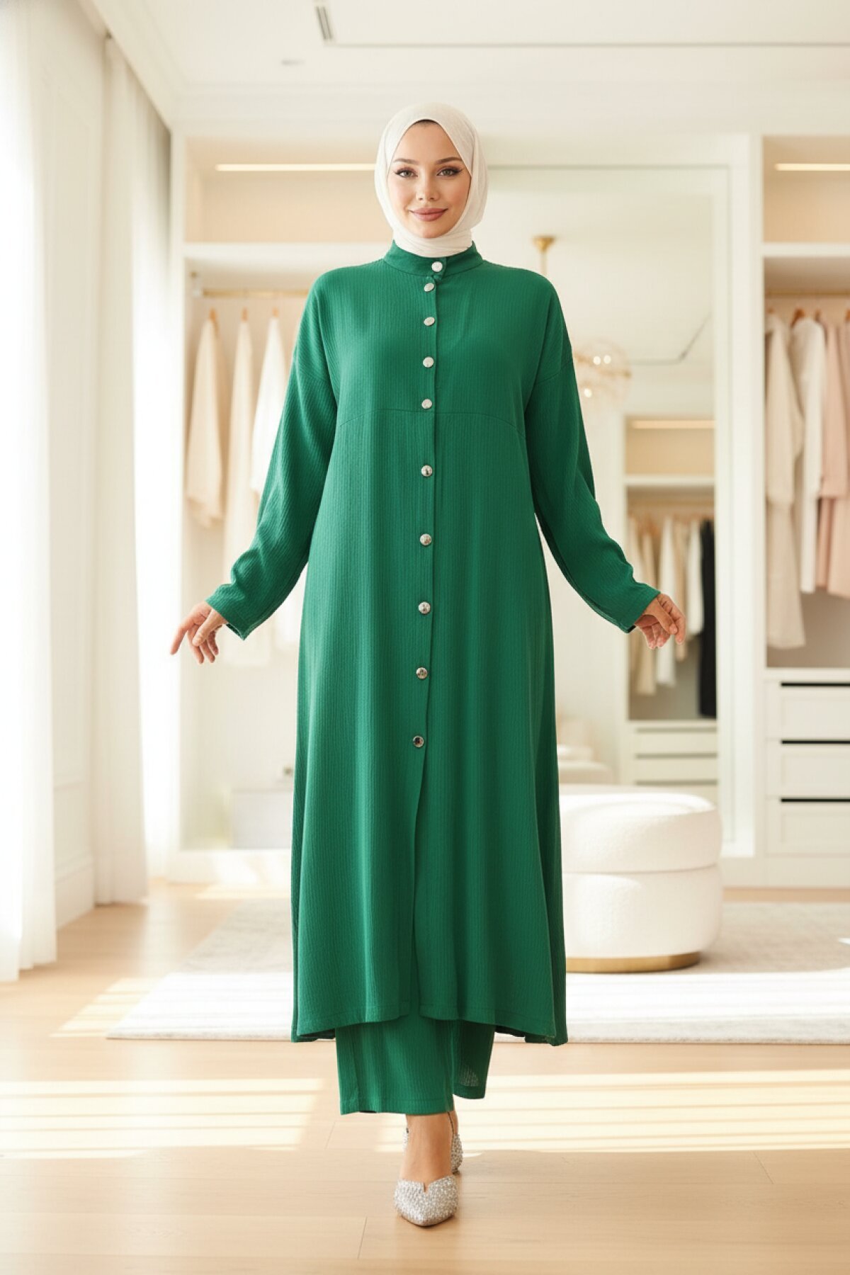 Long Collar-Detail Modest Suit - Green - Misskayle