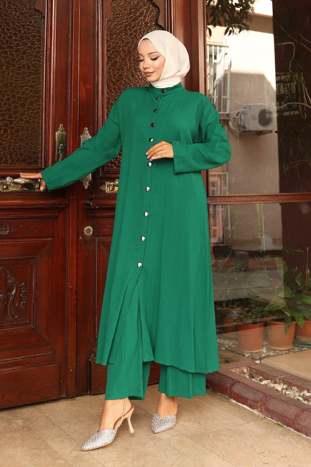 Long Collar-Detail Modest Suit - Green - Misskayle