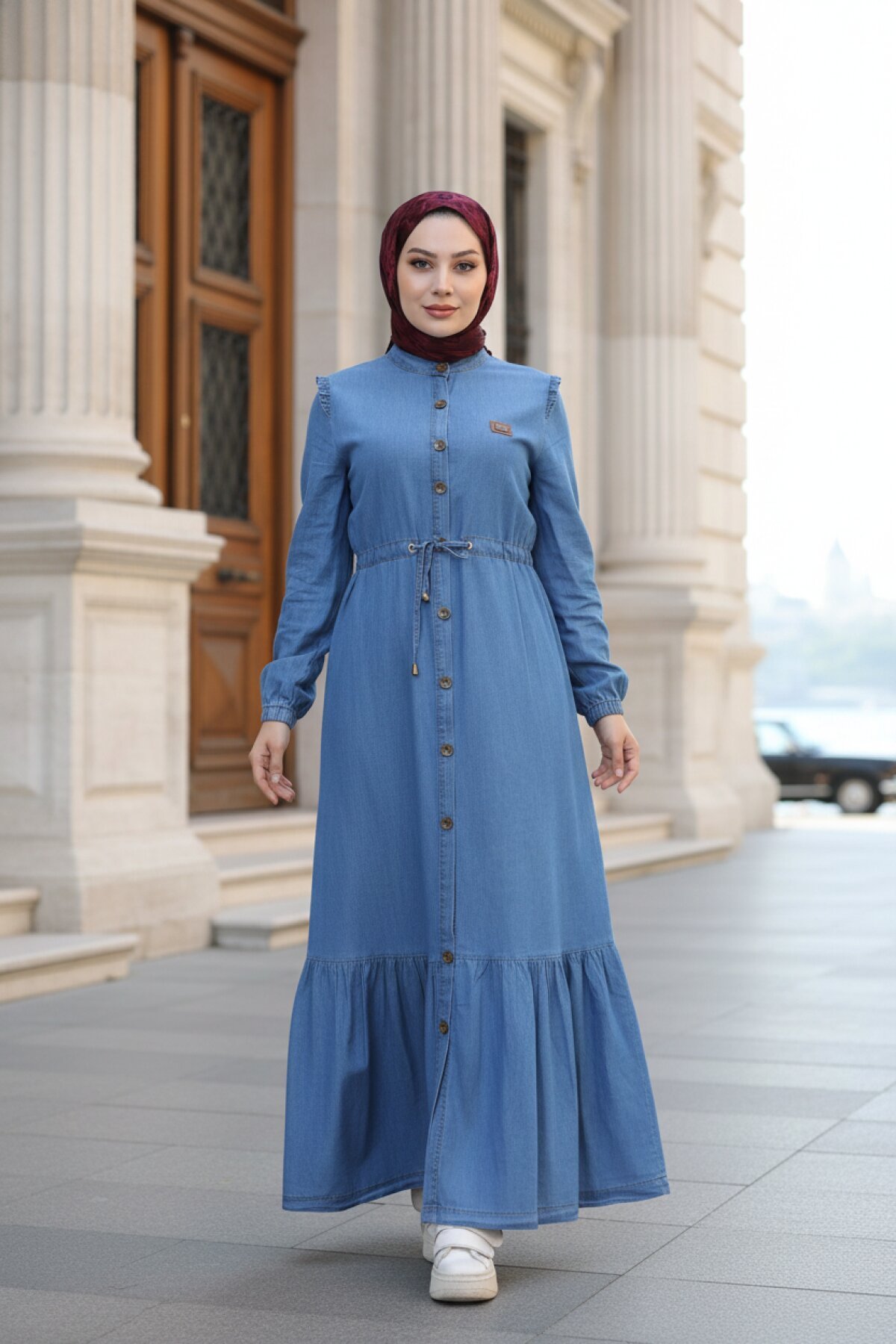 Buttoned Waist-Tie Denim Modest Dress - Light Blue - Modamihram