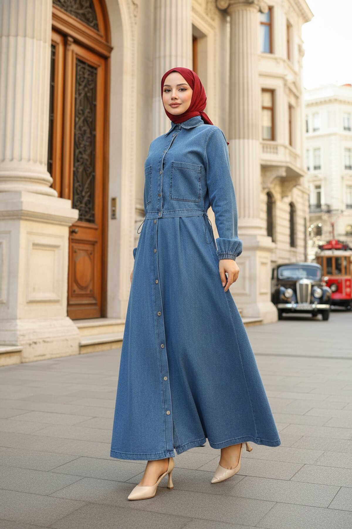 Full Button Denim Modest Suit - Light Blue - Modamihram