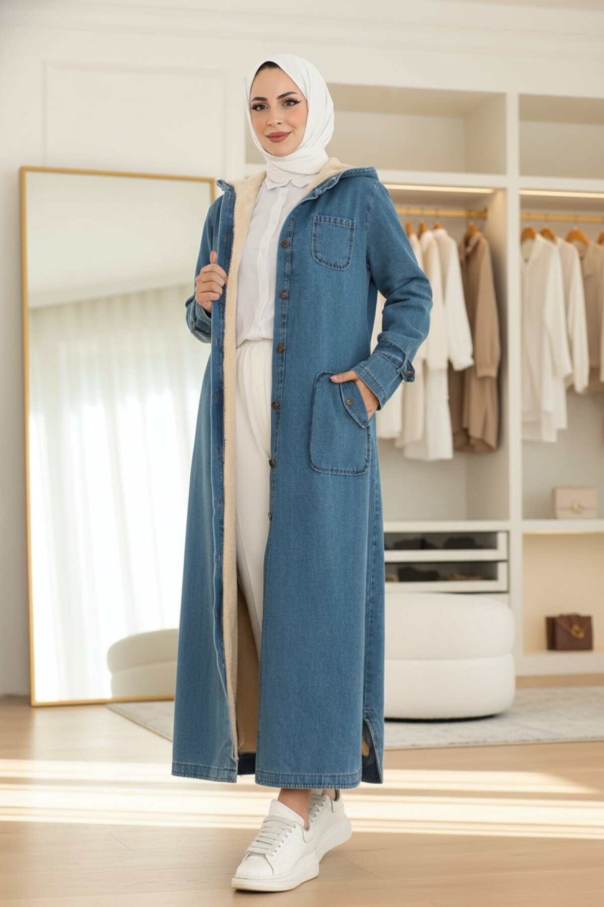 Hooded Denim Coat - Light Blue - Modamihram