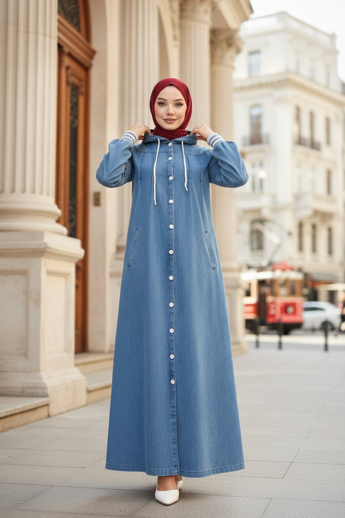 Hooded Ribbed Denim Ferace - Light Blue - Modamihram