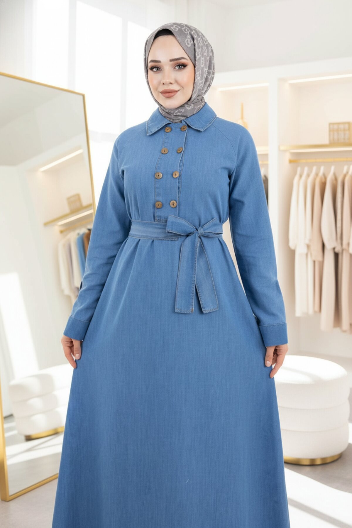 Denim Button-Detail Modest Dress - Light Blue - Modamihram