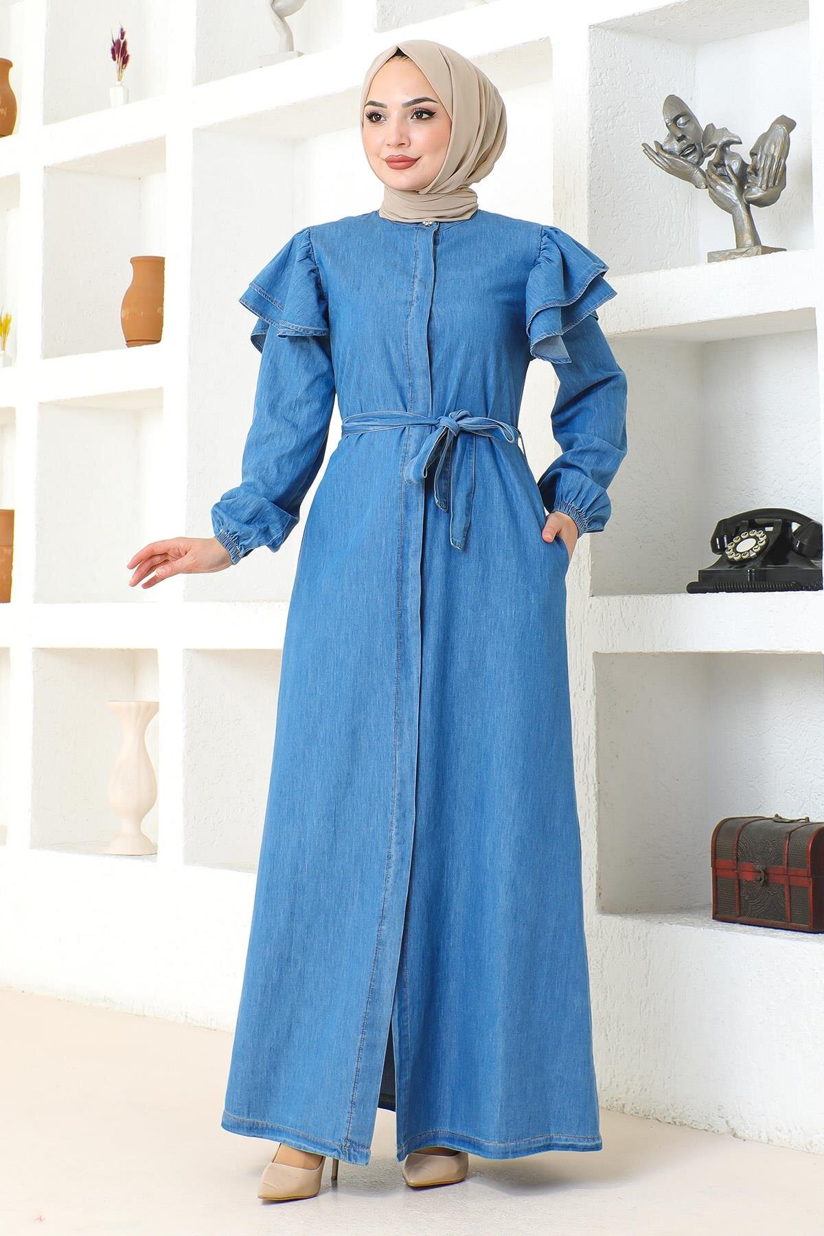 Ruffle-Shoulder Button-Down Ferace - Light Blue - Modamihram