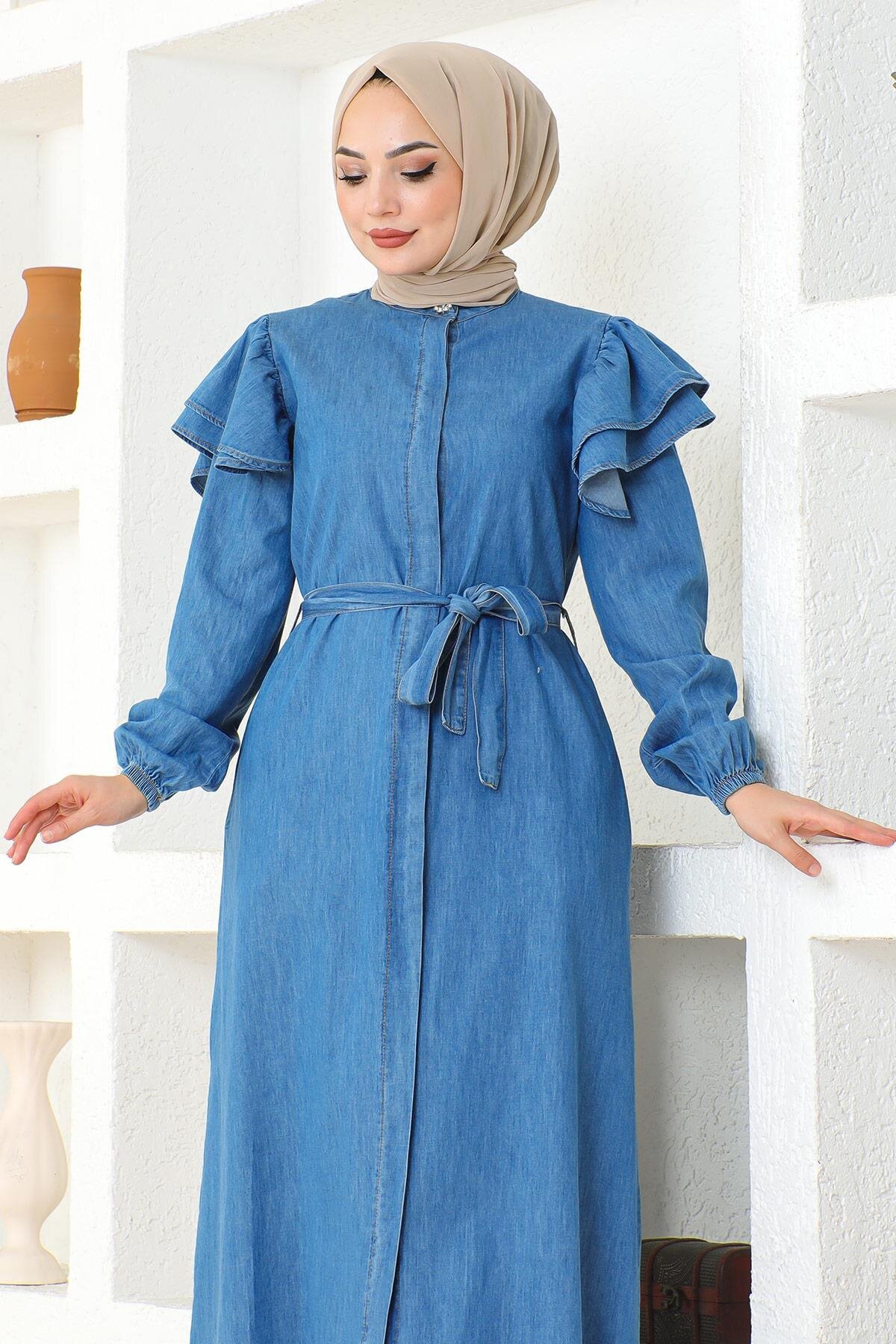 Ruffle-Shoulder Button-Down Ferace - Light Blue - Modamihram