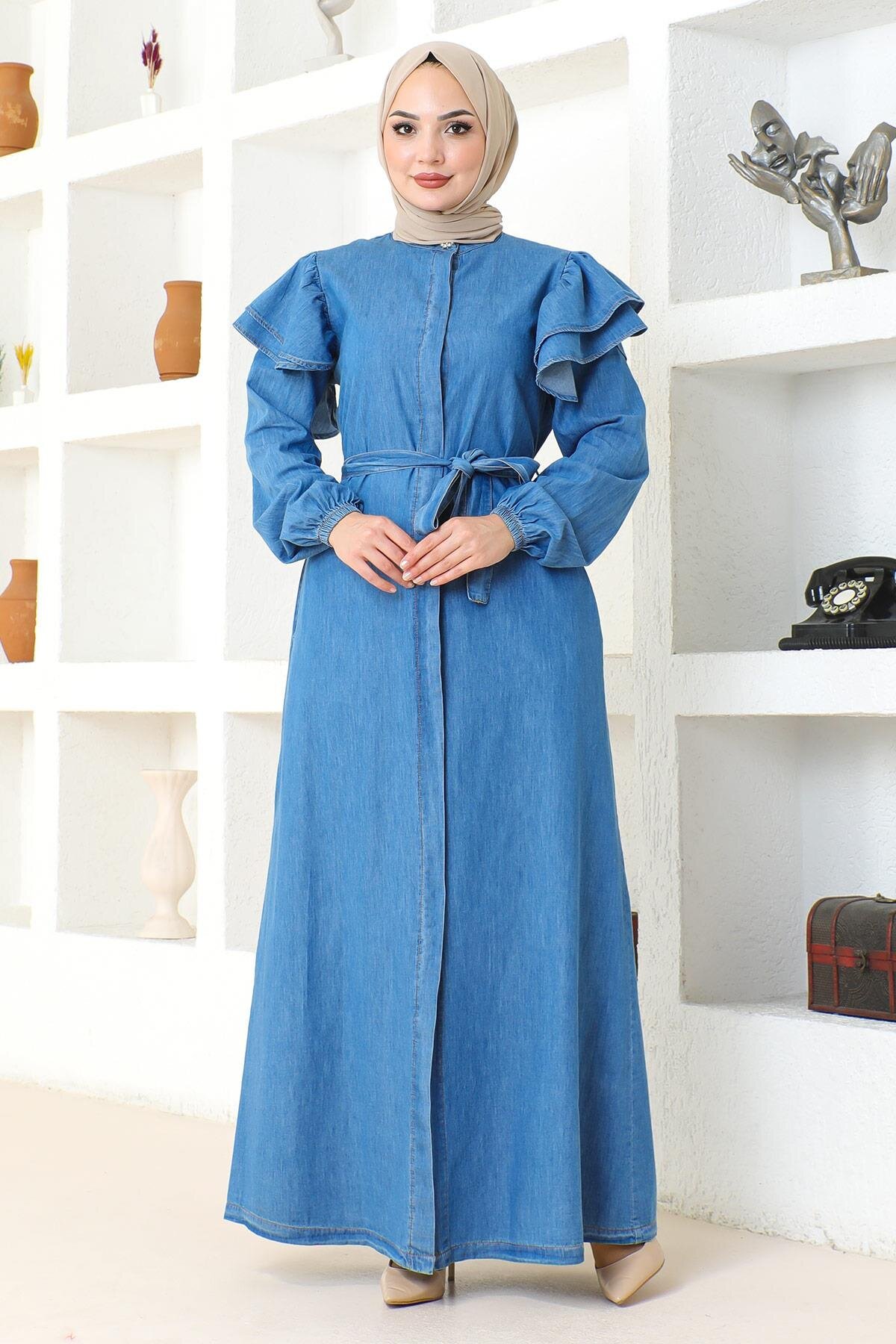 Ruffle-Shoulder Button-Down Ferace - Light Blue - Modamihram