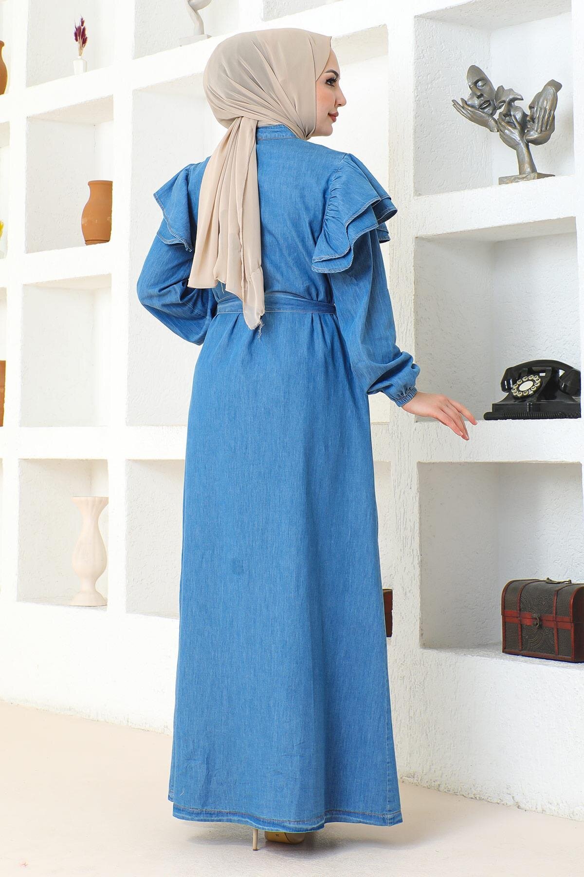 Ruffle-Shoulder Button-Down Ferace - Light Blue - Modamihram