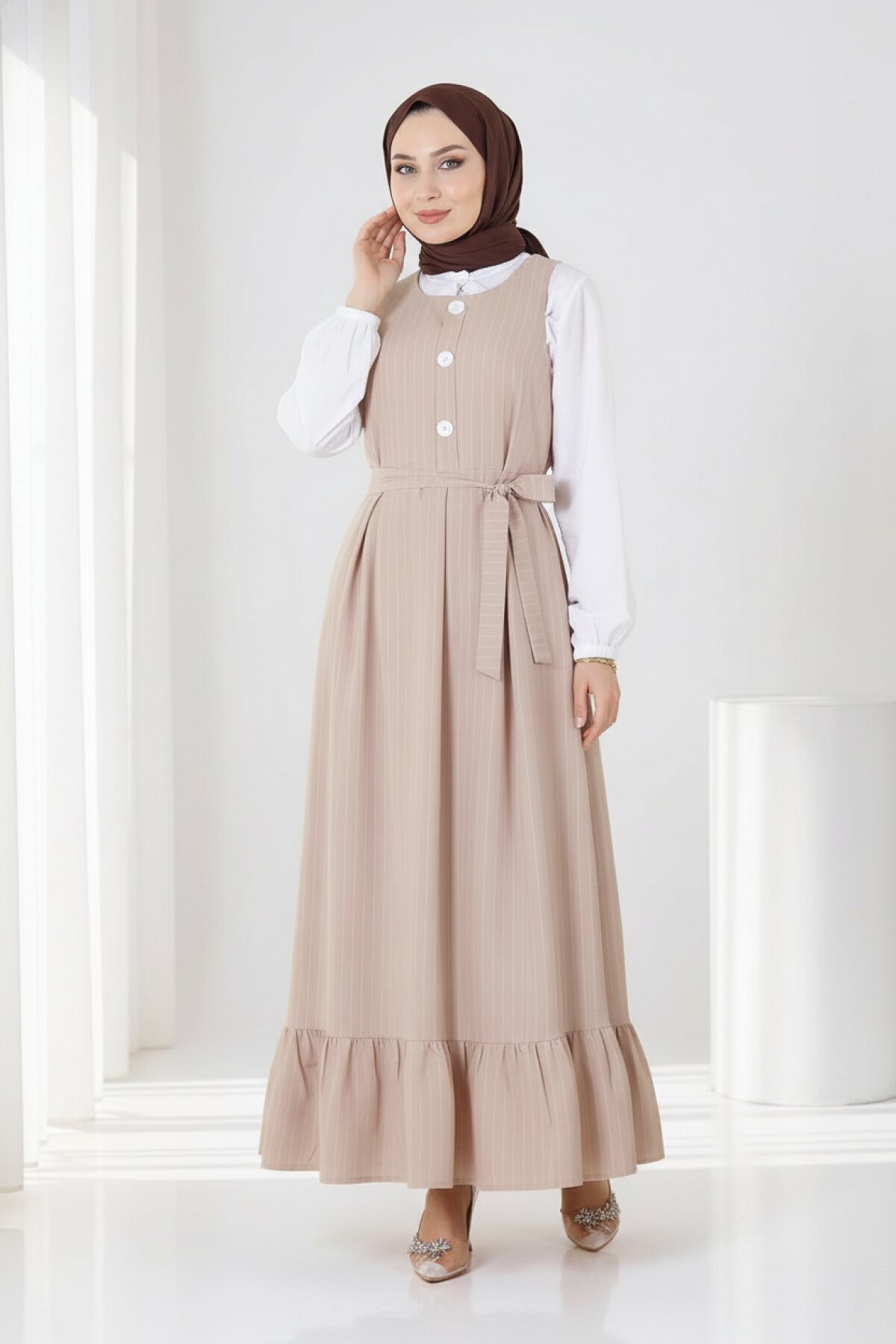 Pleated Belted Pinafore Modest Set - Beige - Modamihram