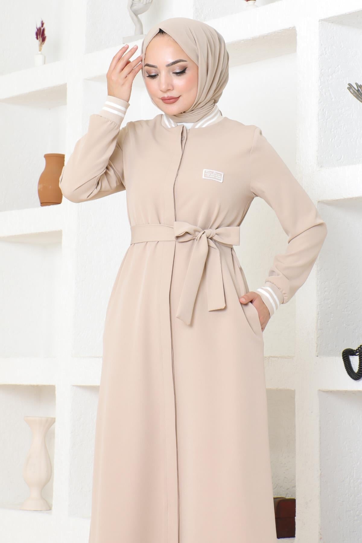 Ribbed Hidden Button Abaya - Beige - Modamihram