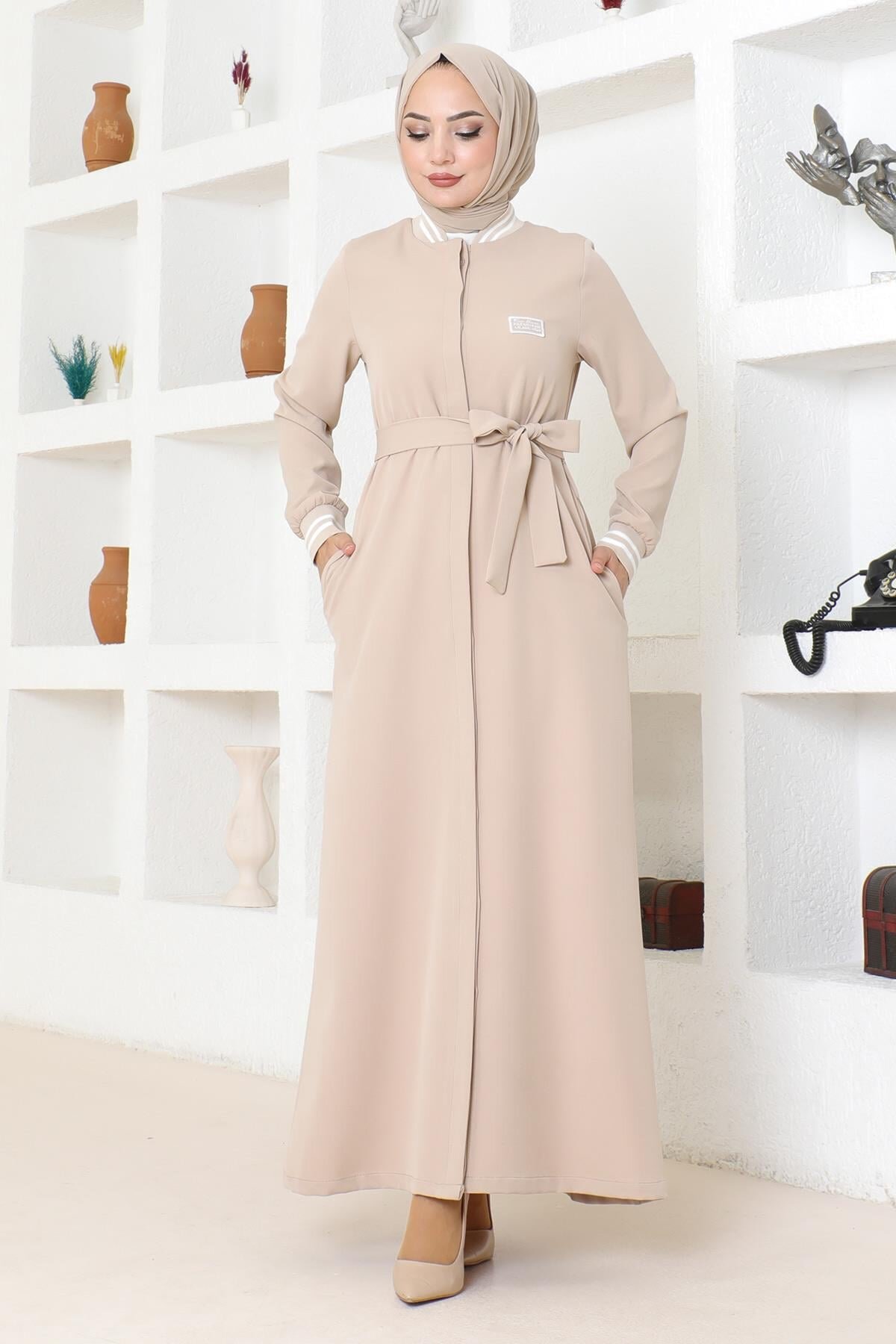 Ribbed Hidden Button Abaya - Beige - Modamihram