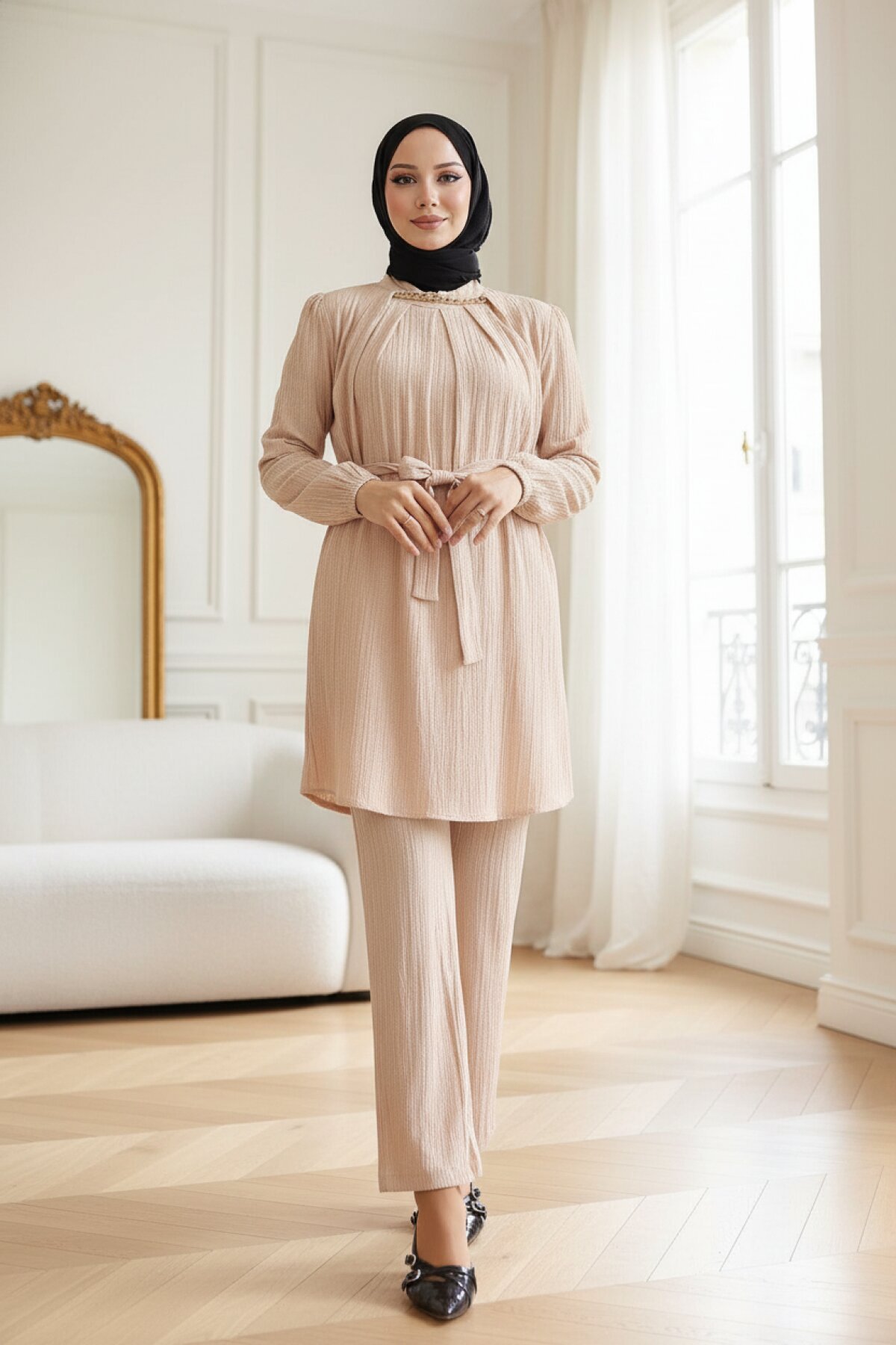 Two-Piece Chain-Detail Modest Set - Beige - Modamihram