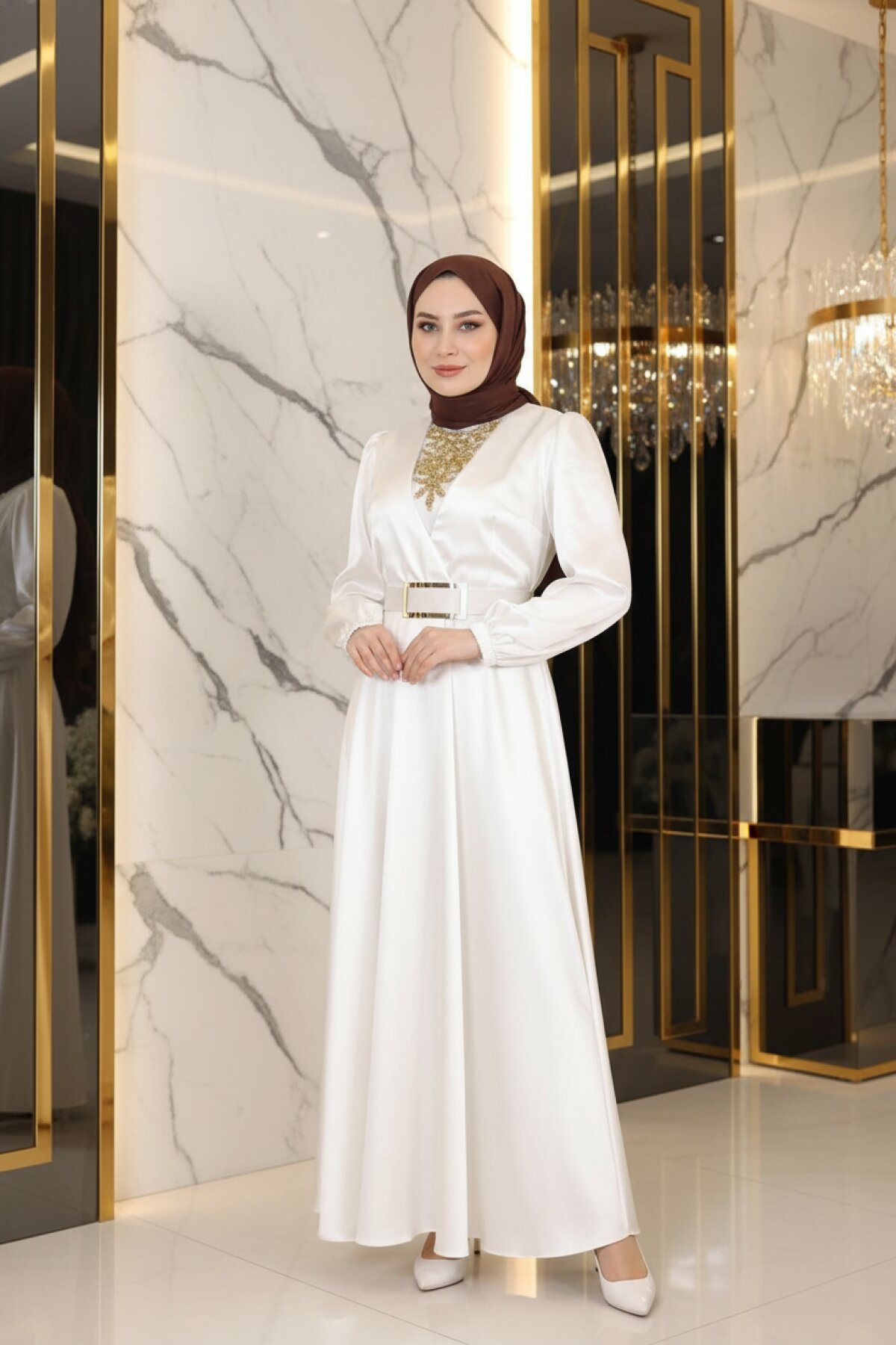 Satin Stone-Detailed Modest Evening Dress - White - Modamihram