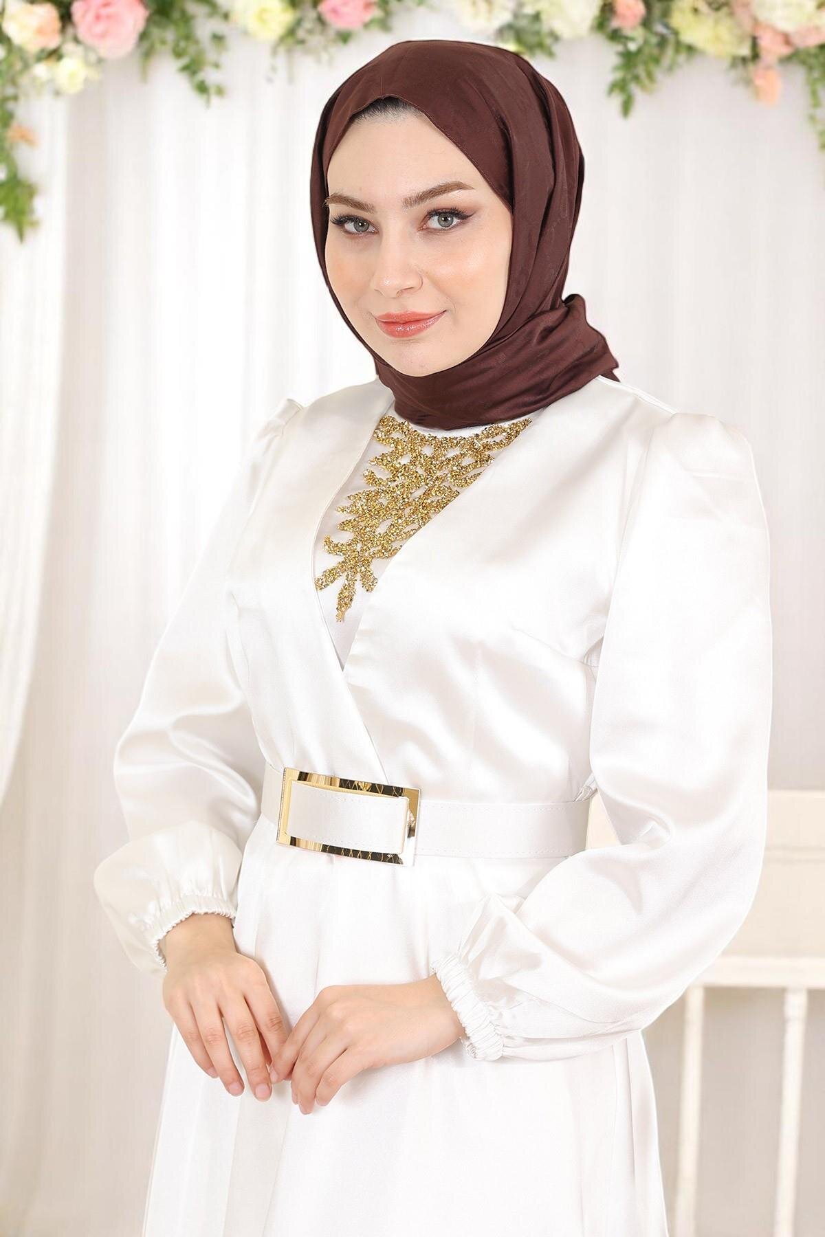 Beyaz Saten Taş Detaylı Tesettür Abiye Elbise - Modamihram