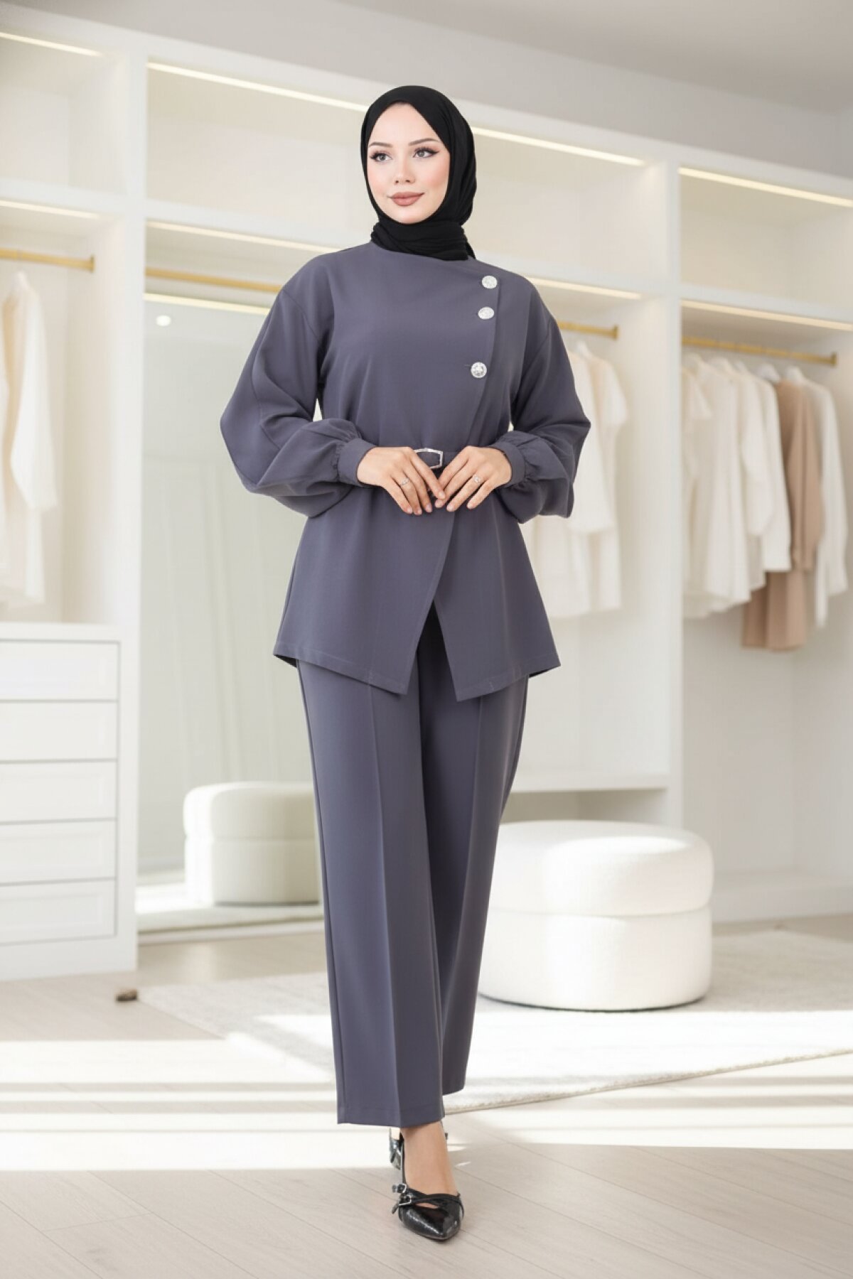 Cross-Buttoned Modest Two-Piece Set - Grey - Modamihram