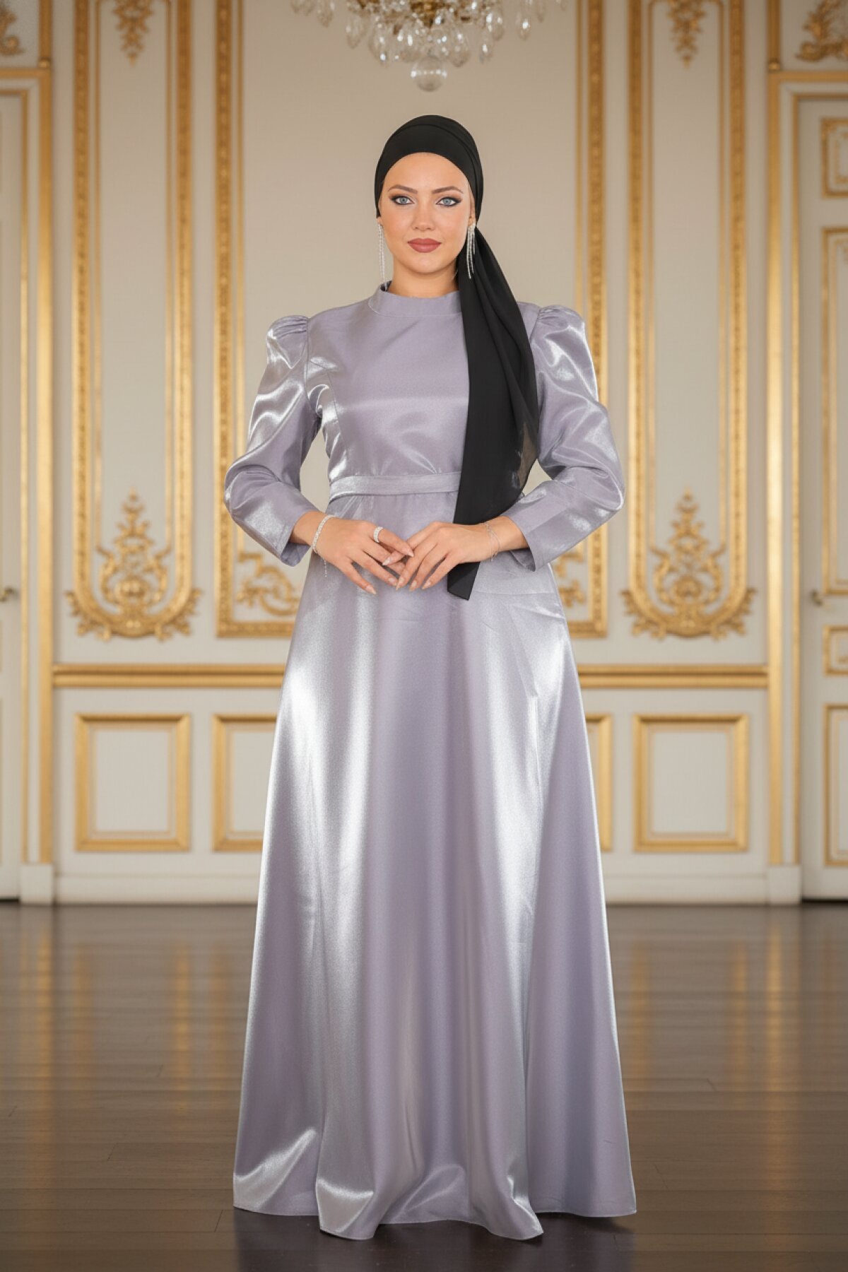 Plus Size Shoulder-Ruffled Modest Evening Dress - Grey - Modamihram