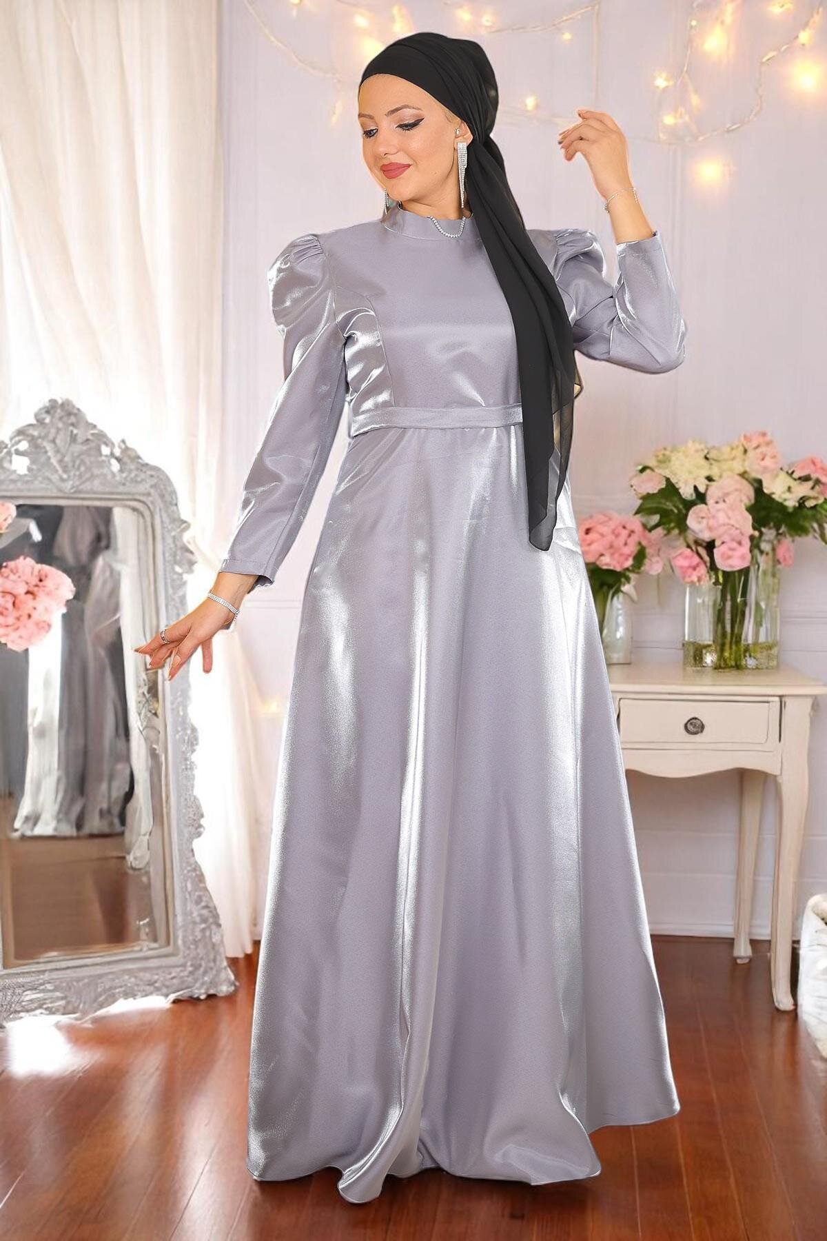 Plus Size Shoulder-Ruffled Modest Evening Dress - Grey - Modamihram