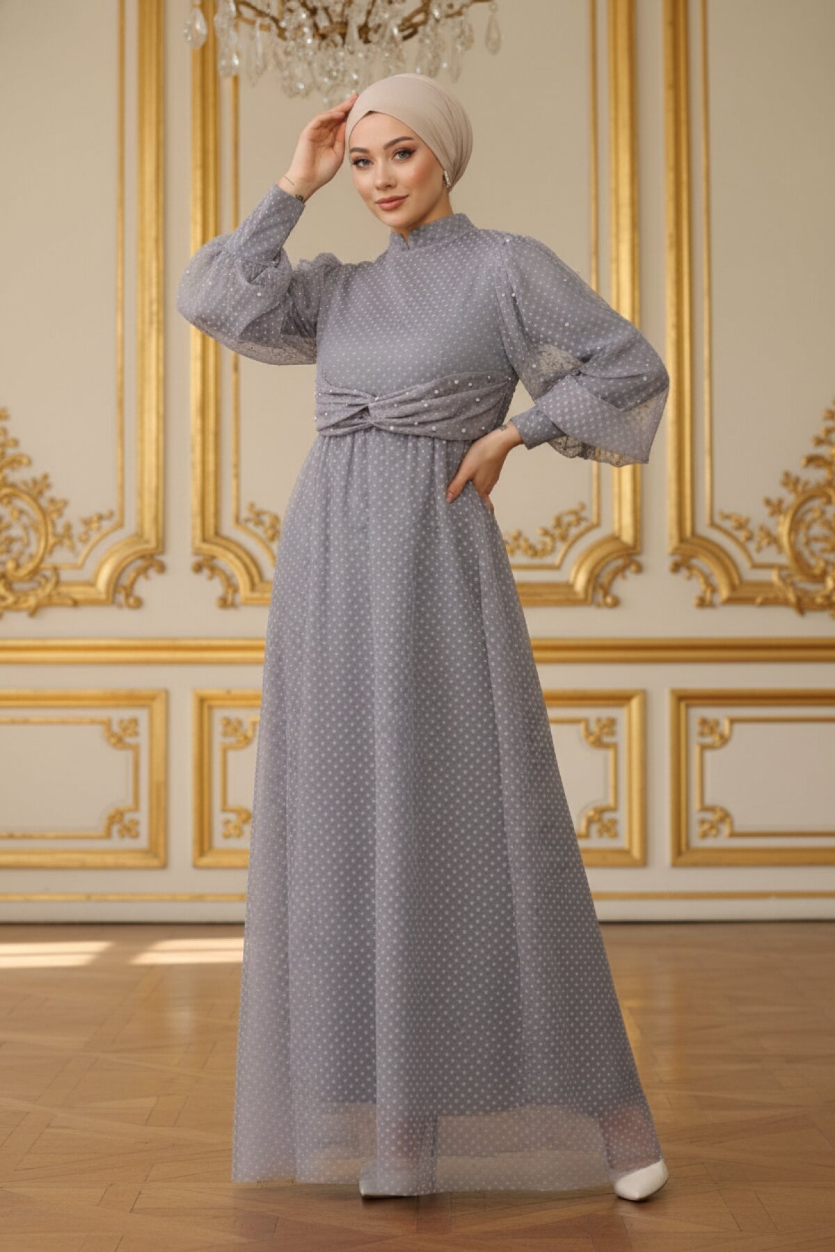 Tulle Pearl-Detailed Modest Evening Dress - Gray - Modamihram