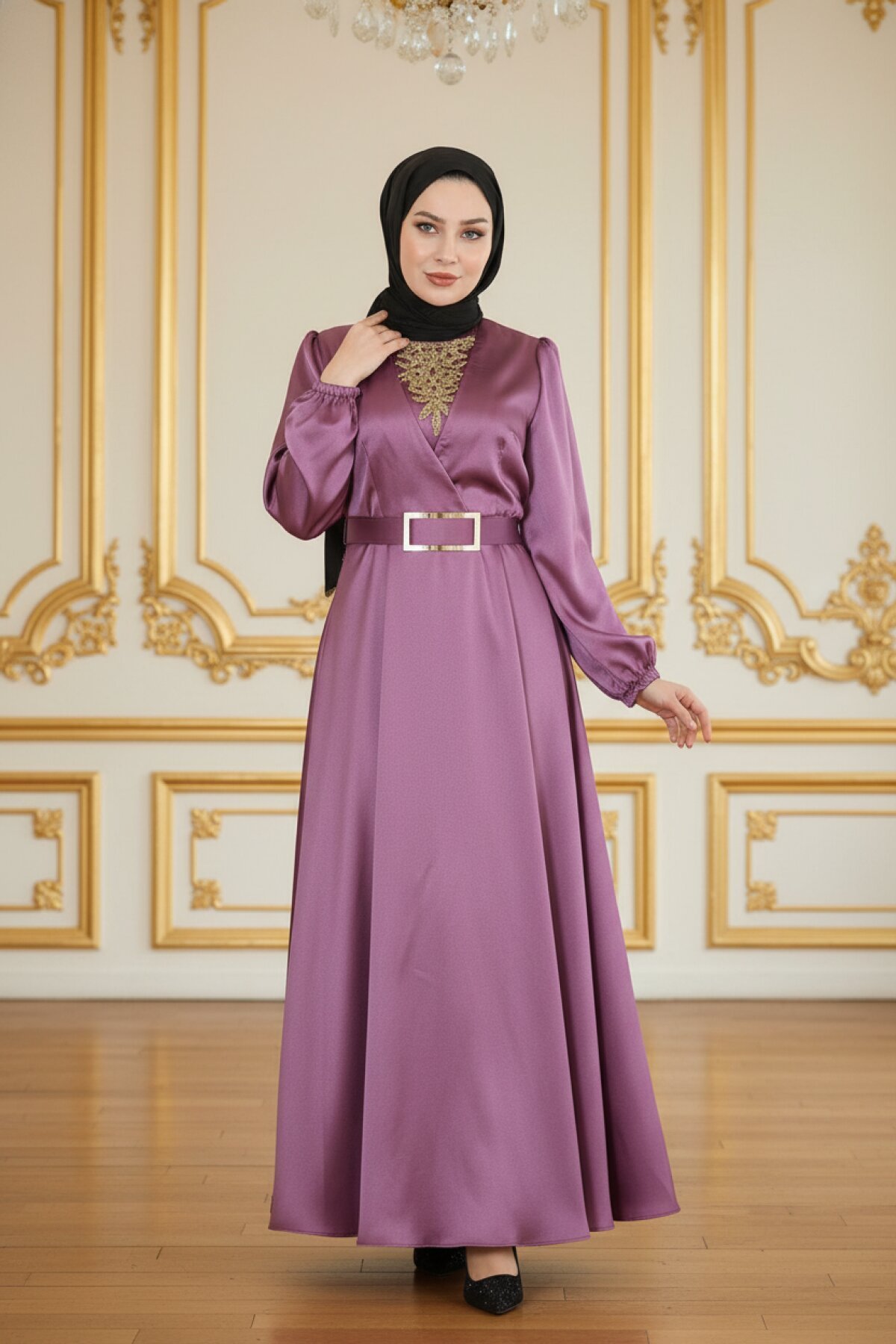 Satin Stone-Detailed Modest Evening Dress - Dried Rose - Modamihram