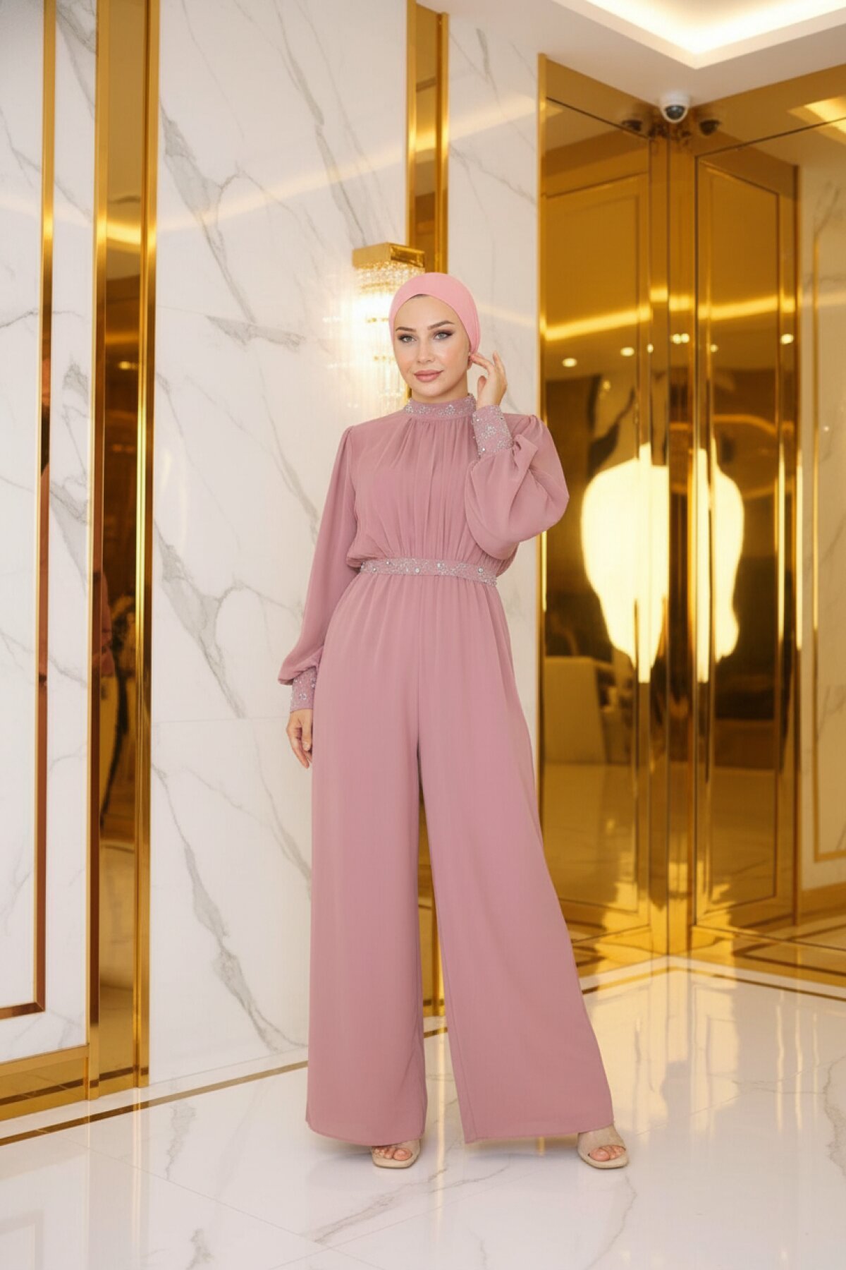 Chiffon Stone-Detailed Modest Jumpsuit Evening Dress - Dried Rose - Modamihram