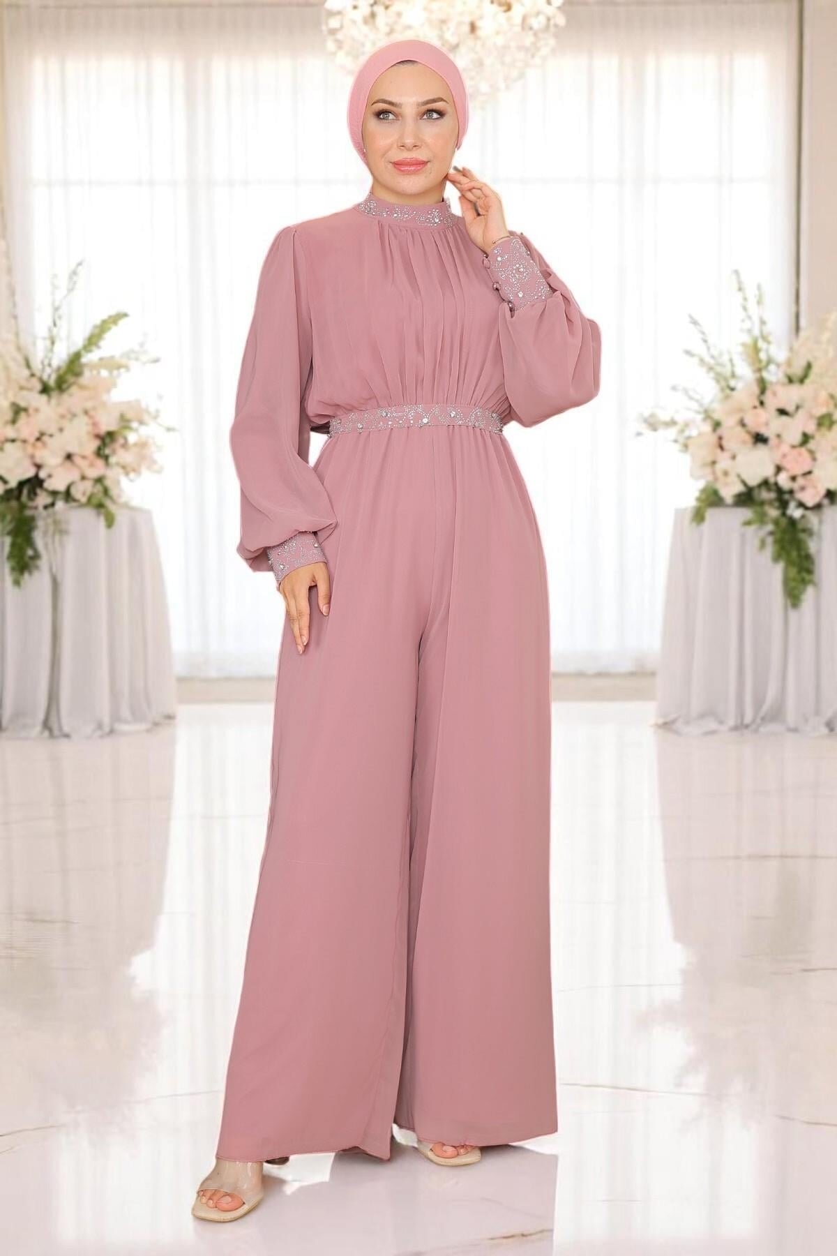 Chiffon Stone-Detailed Modest Jumpsuit Evening Dress - Dried Rose - Modamihram