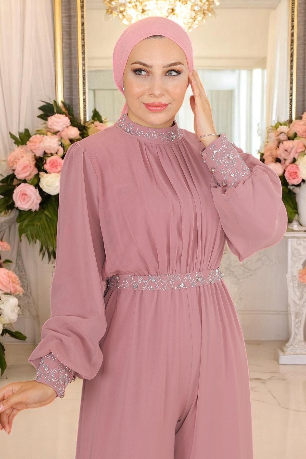 Chiffon Stone-Detailed Modest Jumpsuit Evening Dress - Dried Rose - Modamihram