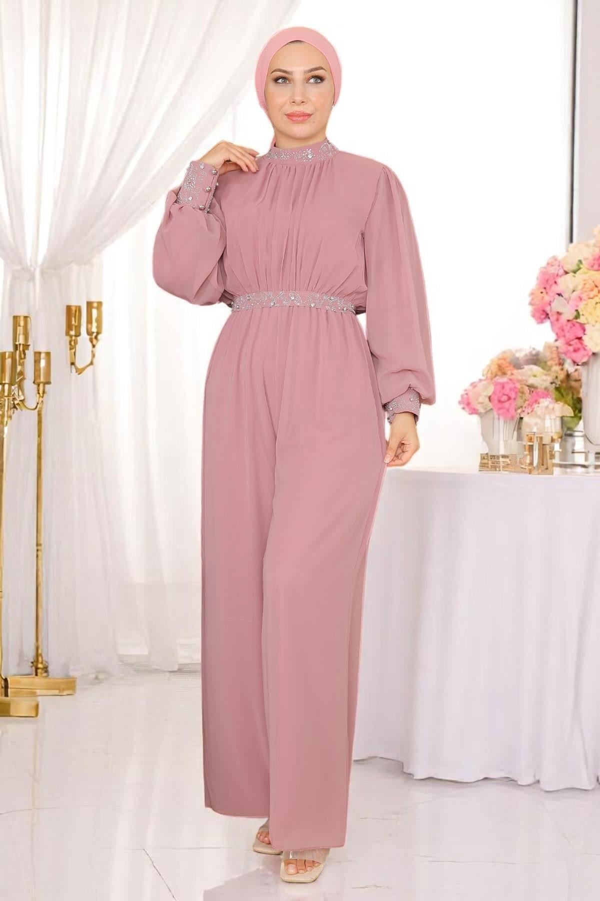 Chiffon Stone-Detailed Modest Jumpsuit Evening Dress - Dried Rose - Modamihram