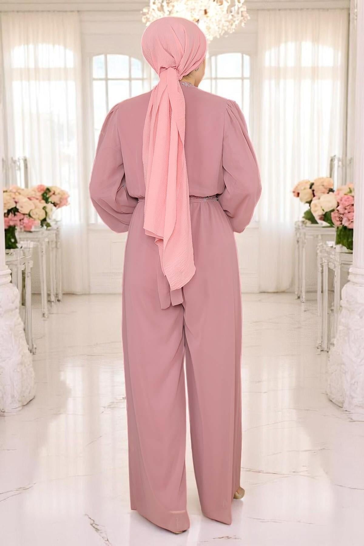 Chiffon Stone-Detailed Modest Jumpsuit Evening Dress - Dried Rose - Modamihram