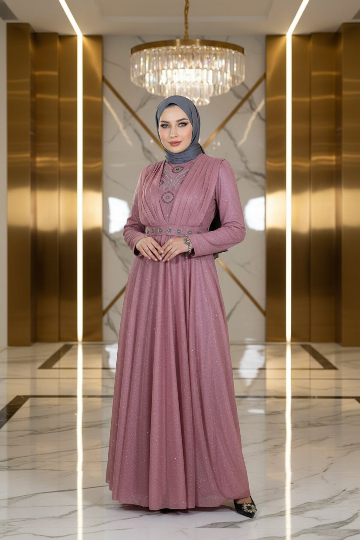 Draped Glittery Chiffon Stone-Detailed Modest Evening Dress - Dried Rose - Modamihram