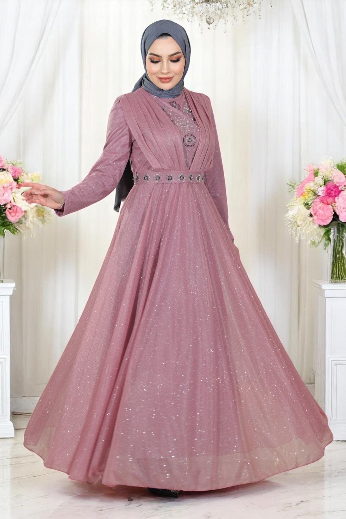 Draped Glittery Chiffon Stone-Detailed Modest Evening Dress - Dried Rose - Modamihram