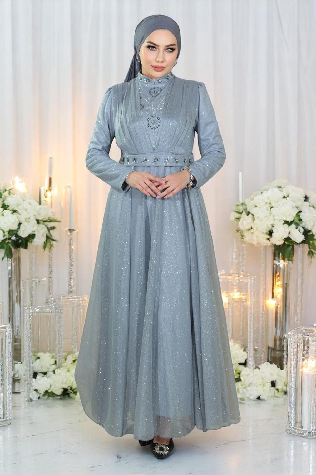Draped Glittery Chiffon Stone-Detailed Modest Evening Dress - Silver - Modamihram