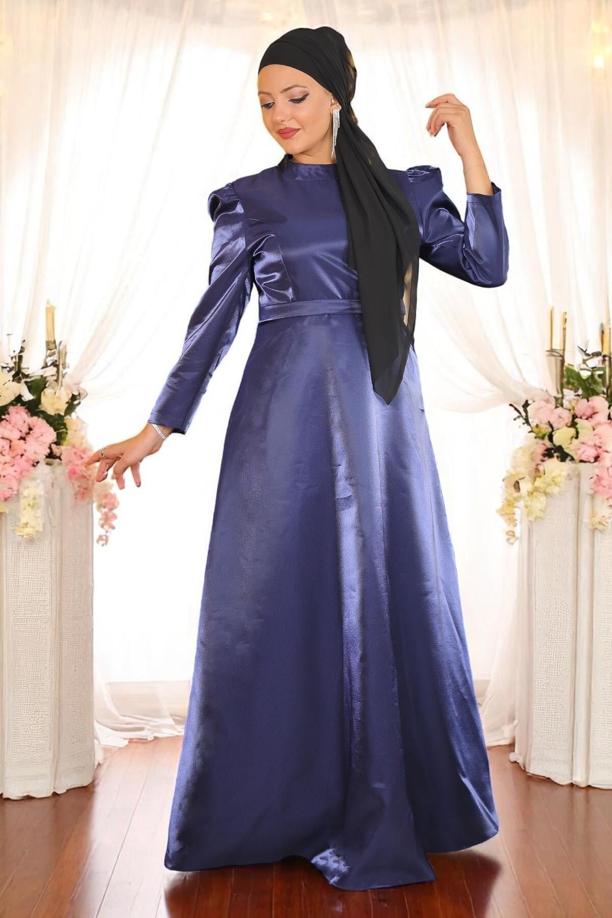 Plus Size Shoulder Ruched Modest Evening Dress - Indigo - Modamihram