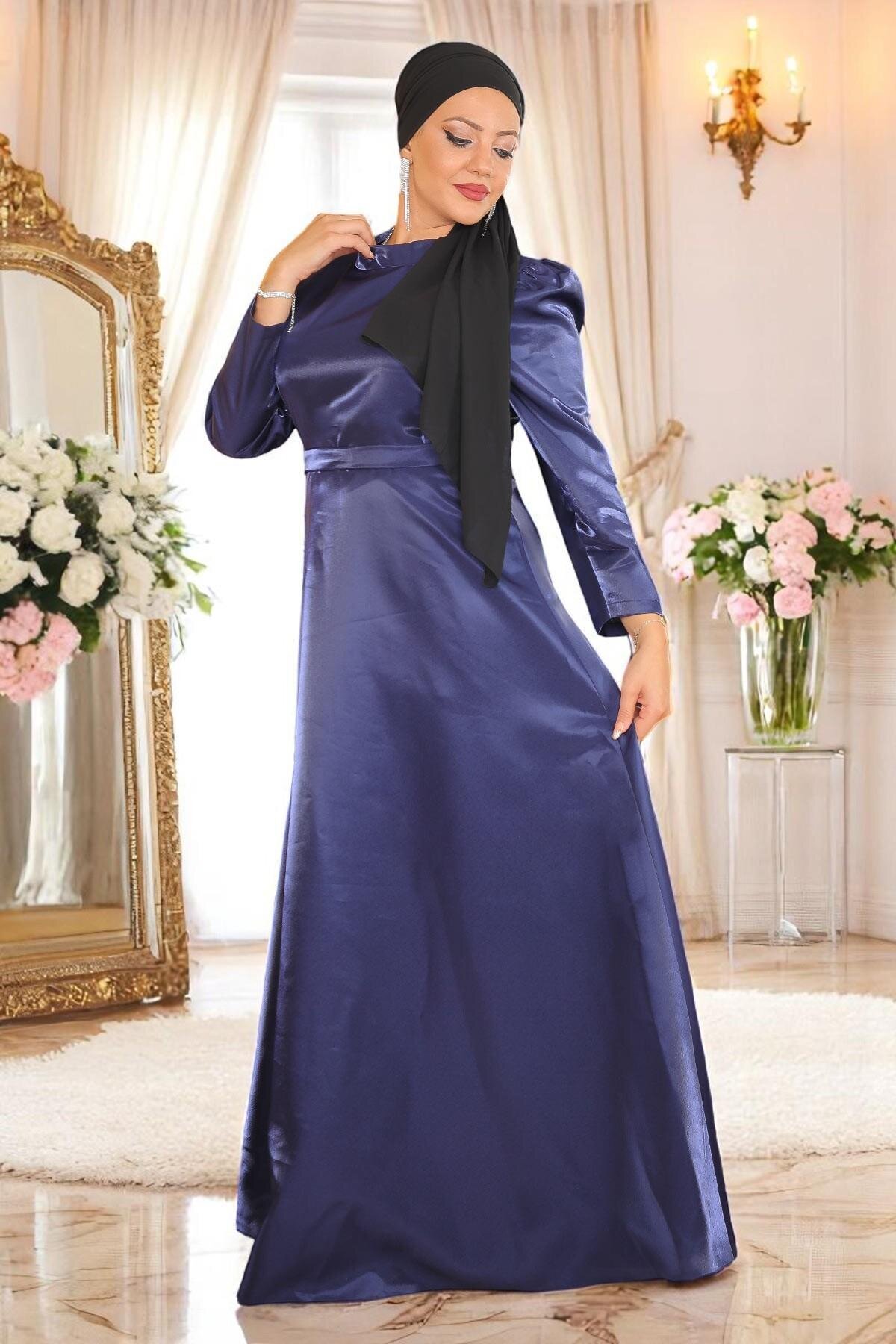 Plus Size Shoulder Ruched Modest Evening Dress - Indigo - Modamihram