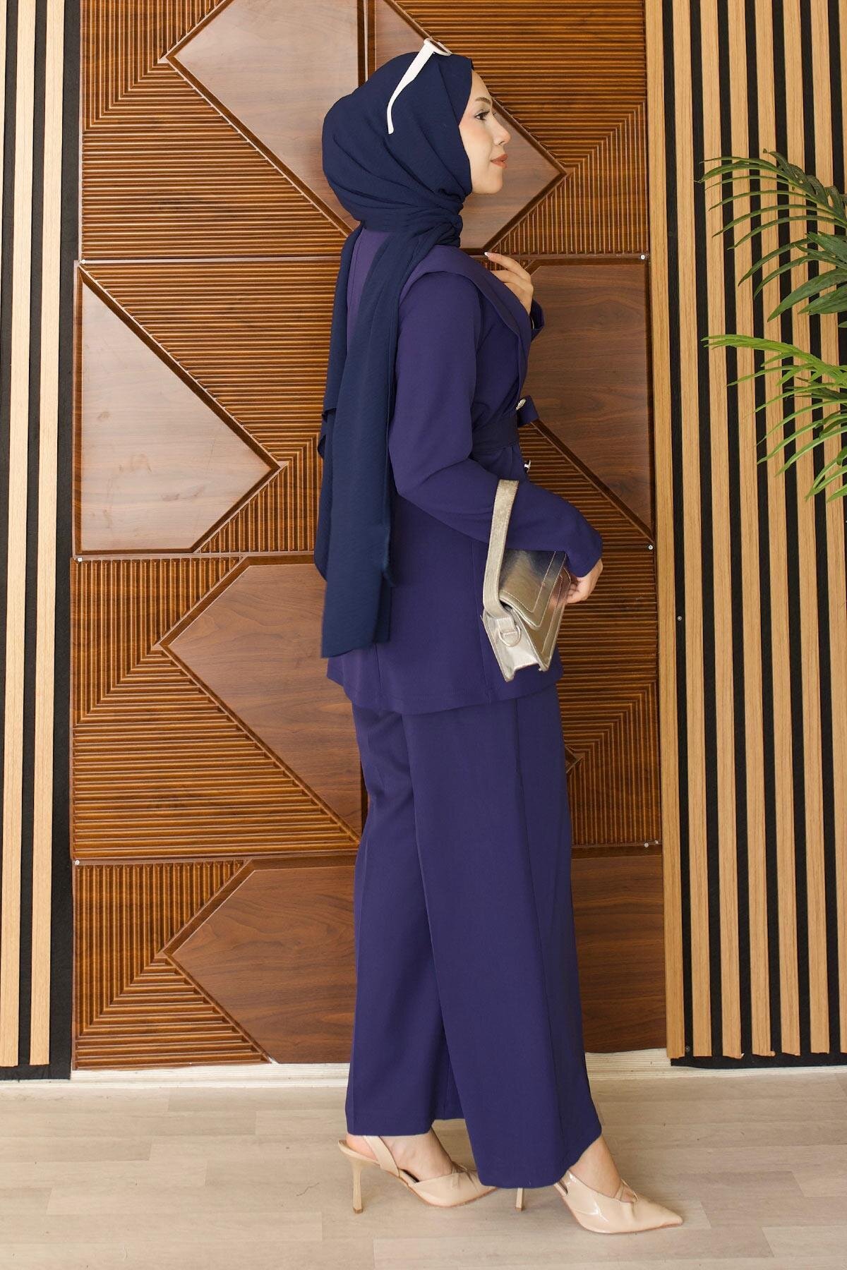 Belted Button-Detail Modest Set - Indigo - Modamihram