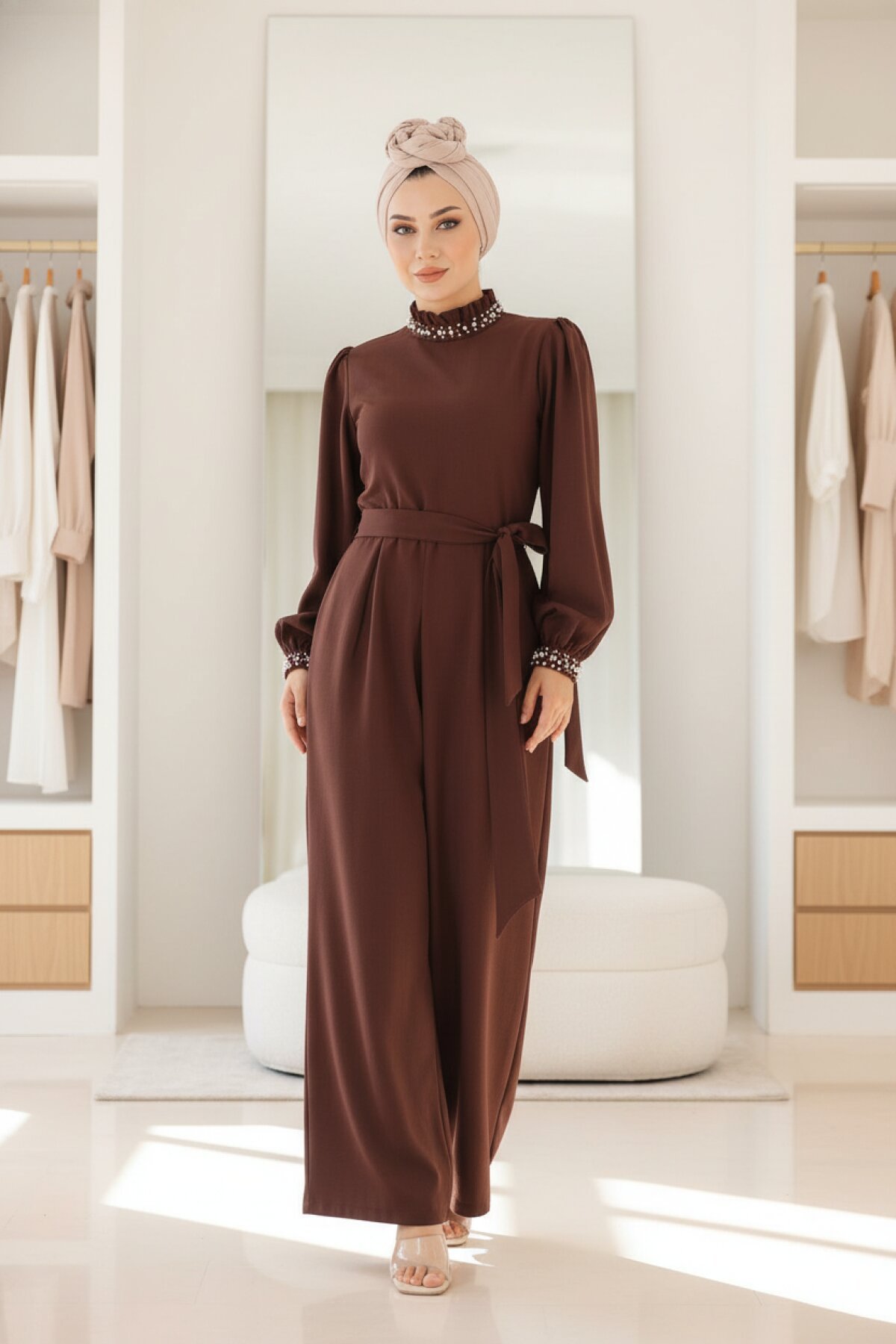 Pearl-Detailed Jumpsuit Modest Dress - Brown - Modamihram