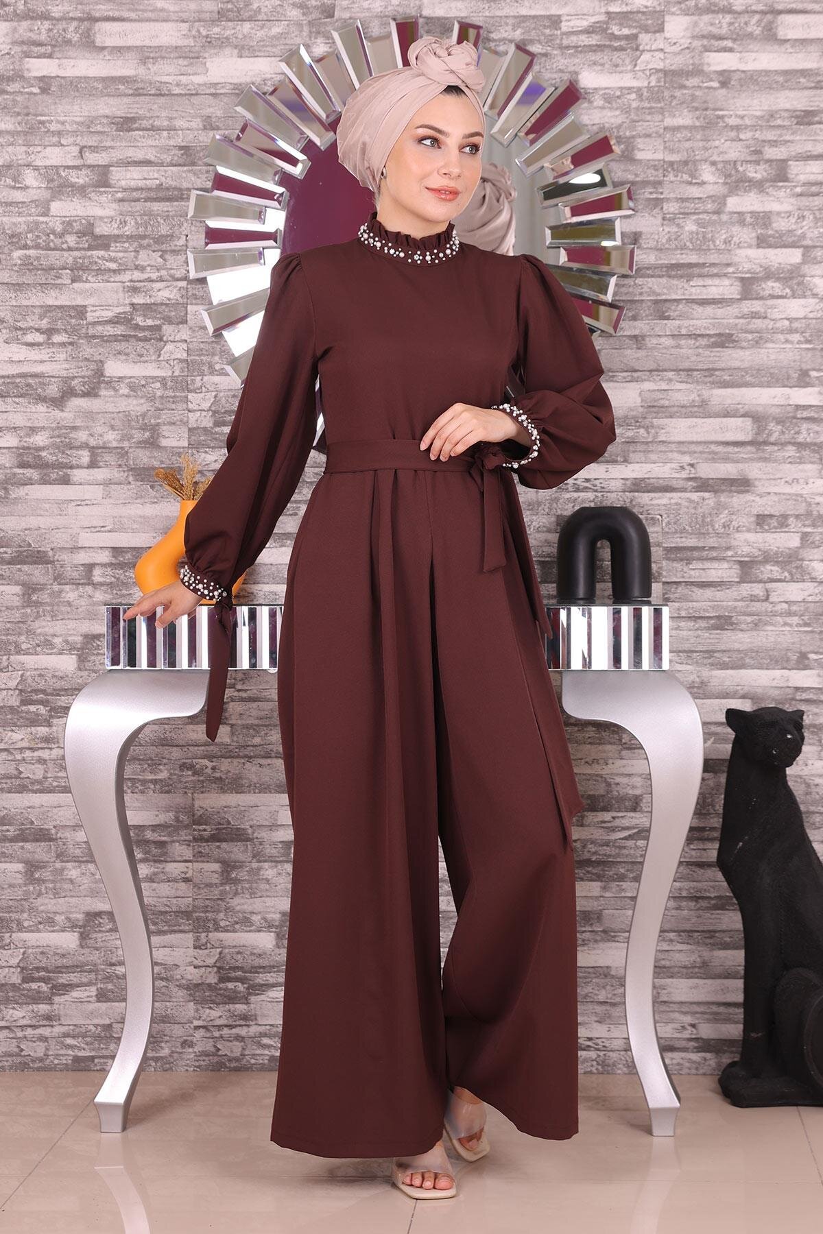 Pearl-Detailed Jumpsuit Modest Dress - Brown - Modamihram