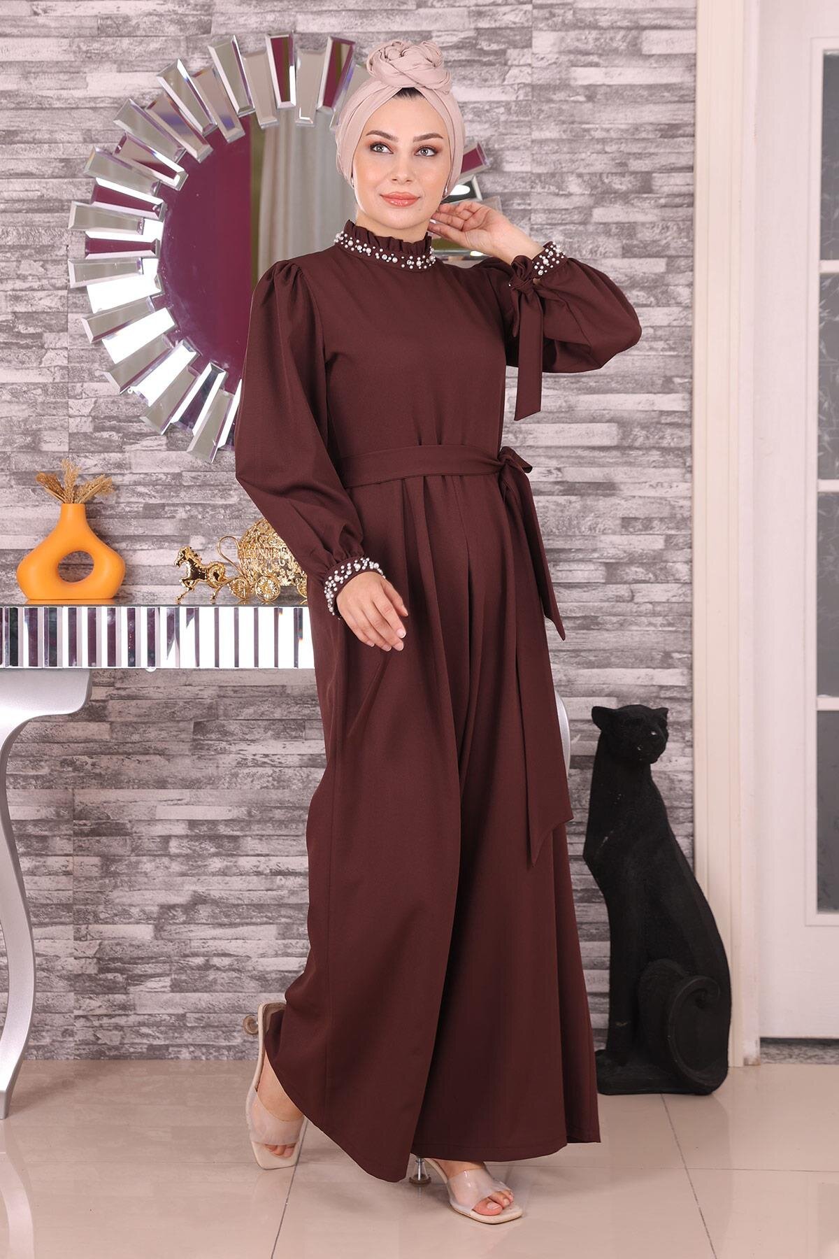 Pearl-Detailed Jumpsuit Modest Dress - Brown - Modamihram