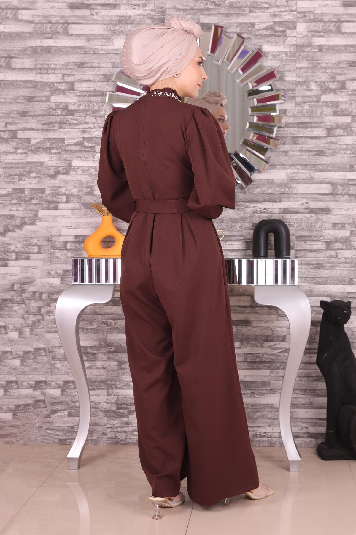 Pearl-Detailed Jumpsuit Modest Dress - Brown - Modamihram