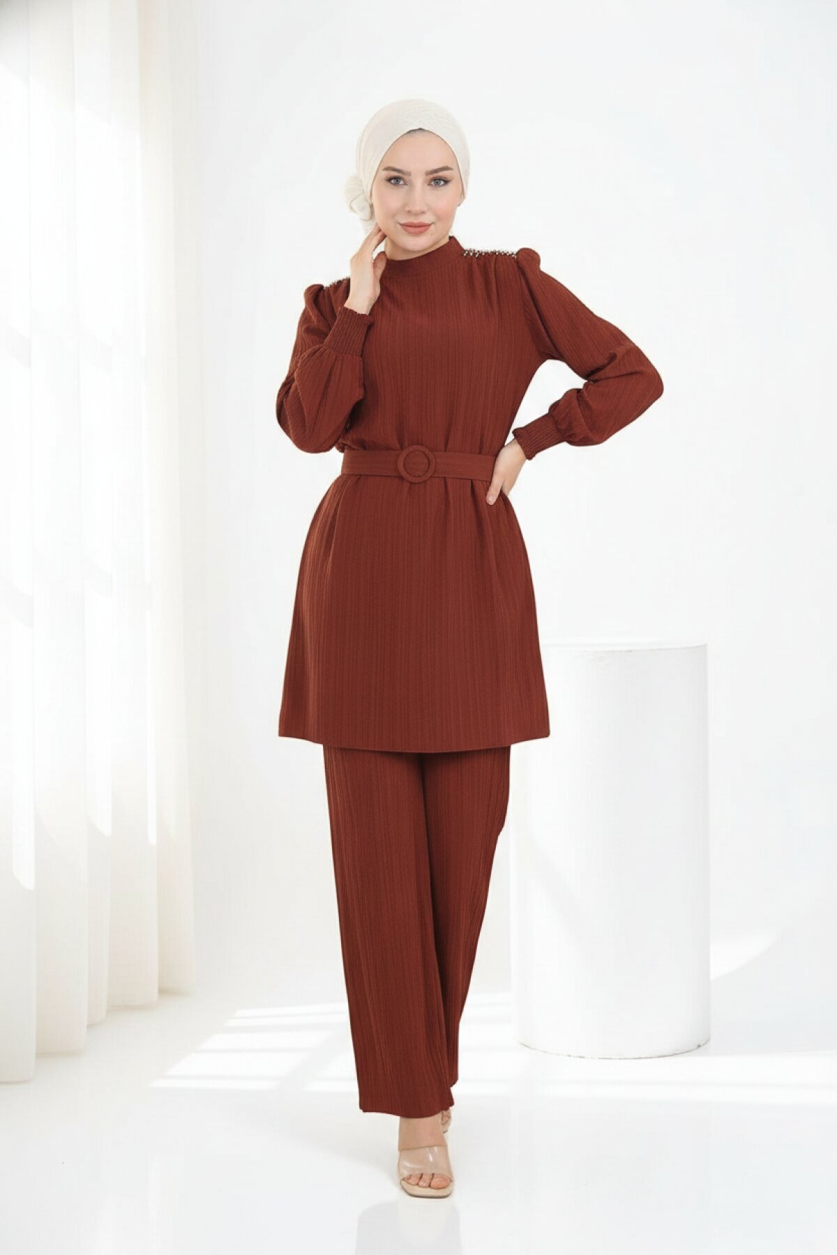 Belted Stone-Detailed Modest Suit - Brown - Modamihram