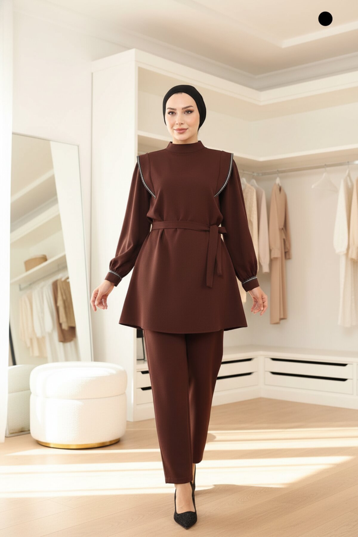 Stripe-Detail Modest Two-Piece Set - Brown - Modamihram
