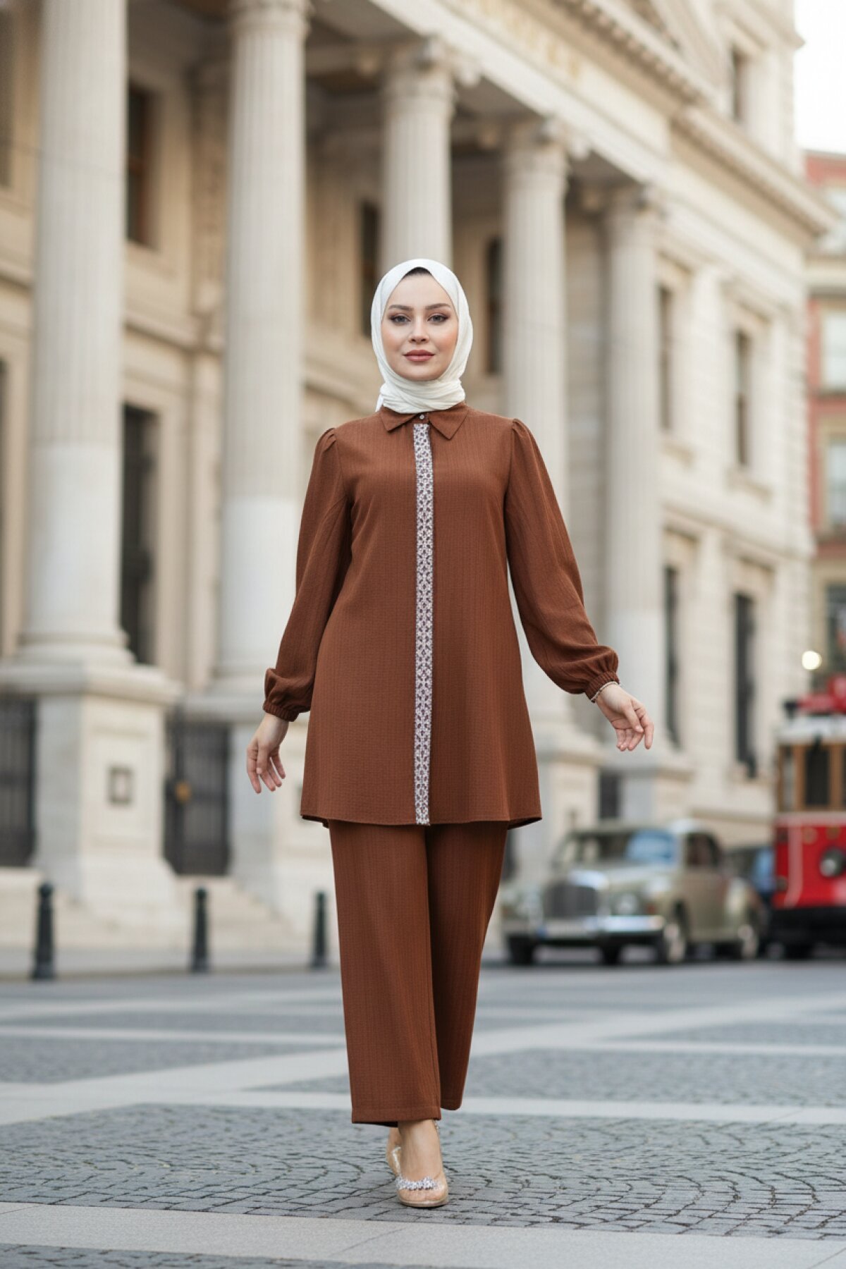 Stone-Detailed Modest Set - Brown - Modamihram