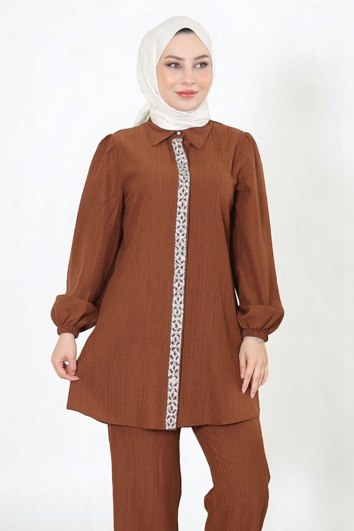 Stone-Detailed Modest Set - Brown - Modamihram