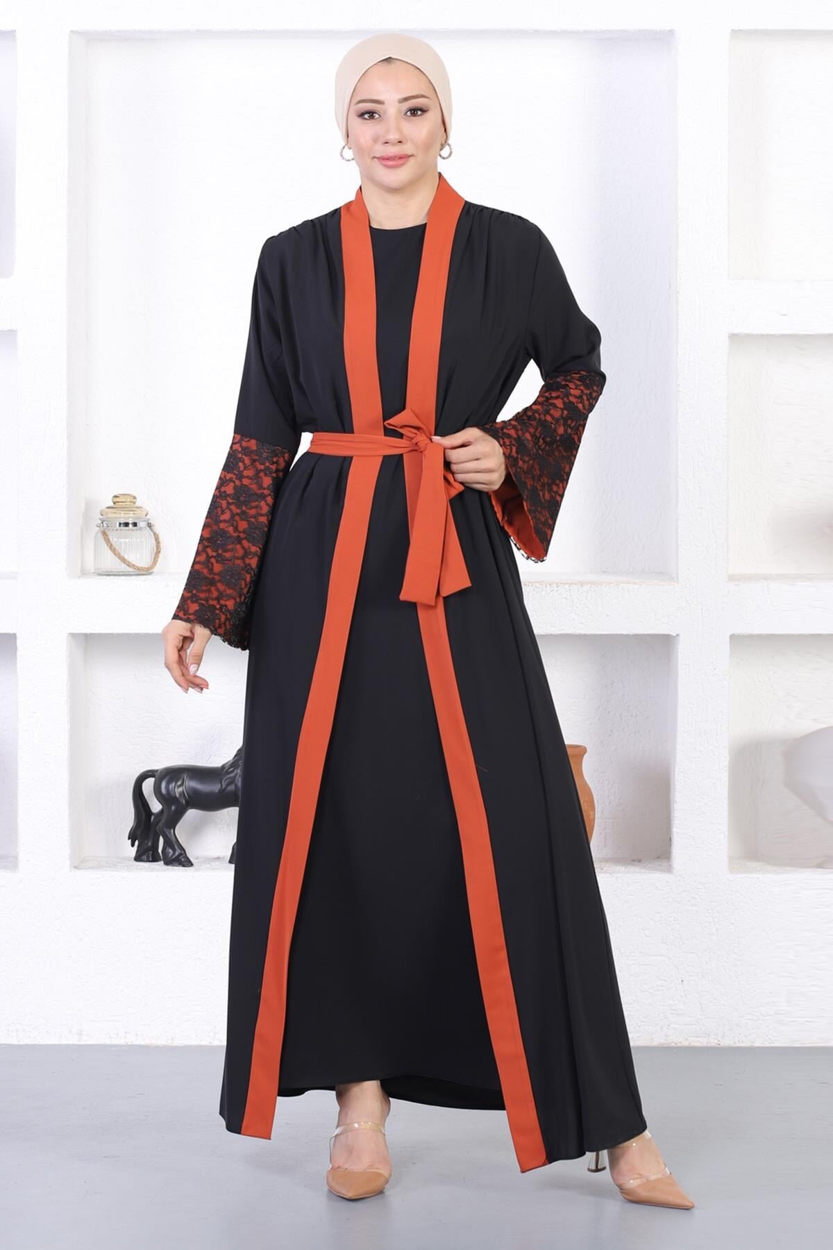 Lace-Detail Abaya - Tile Red - Modamihram