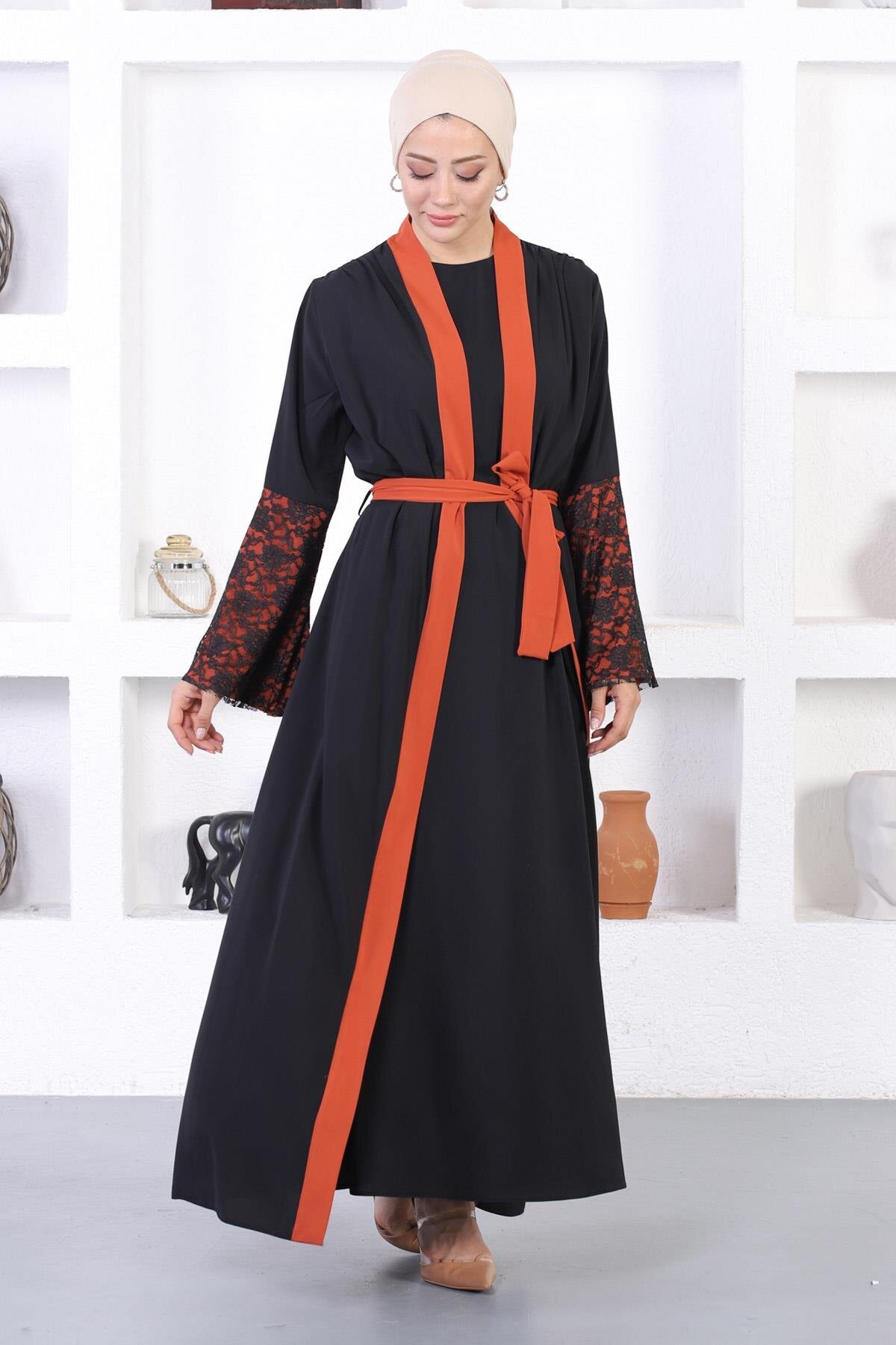 Lace-Detail Abaya - Tile Red - Modamihram