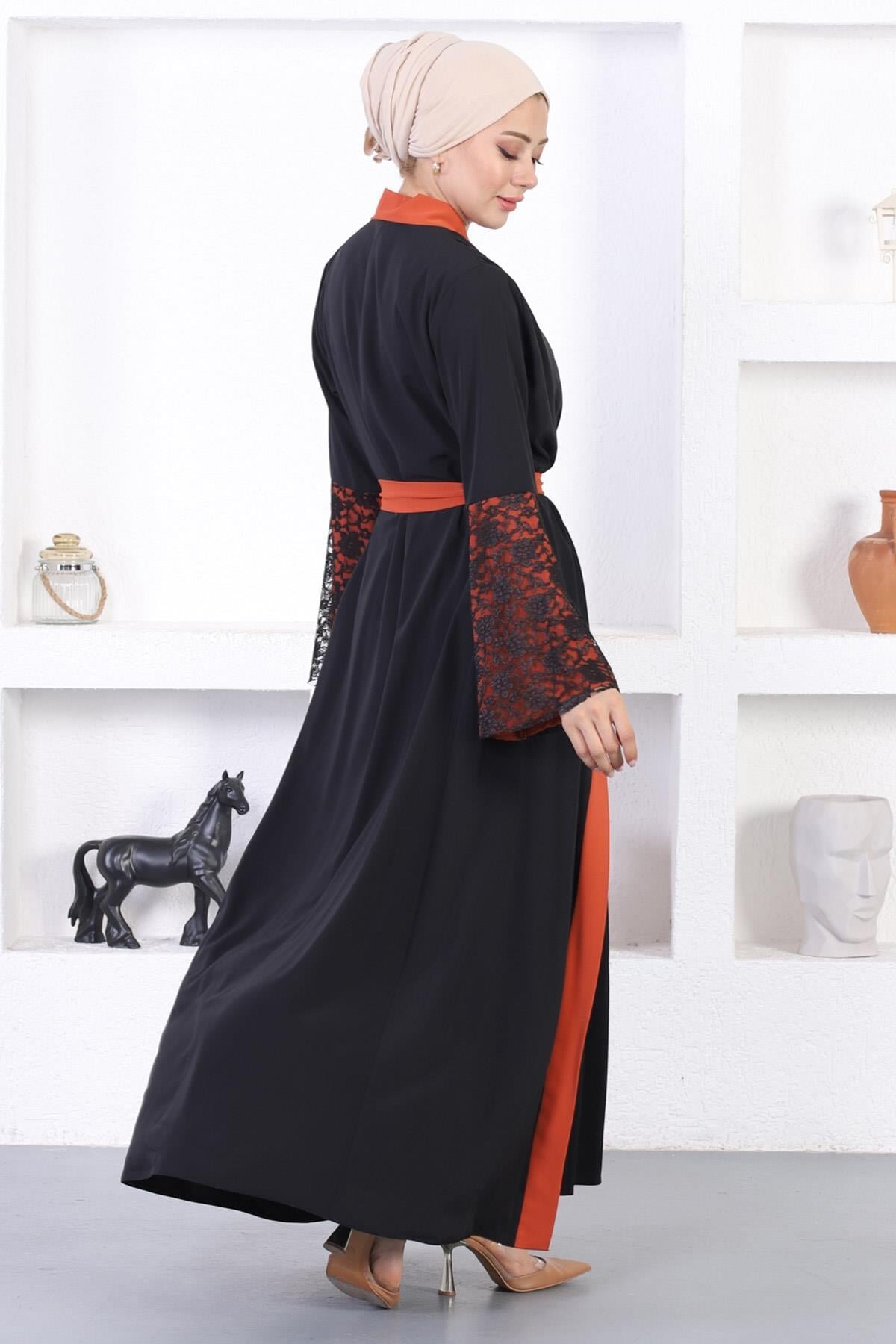 Lace-Detail Abaya - Tile Red - Modamihram